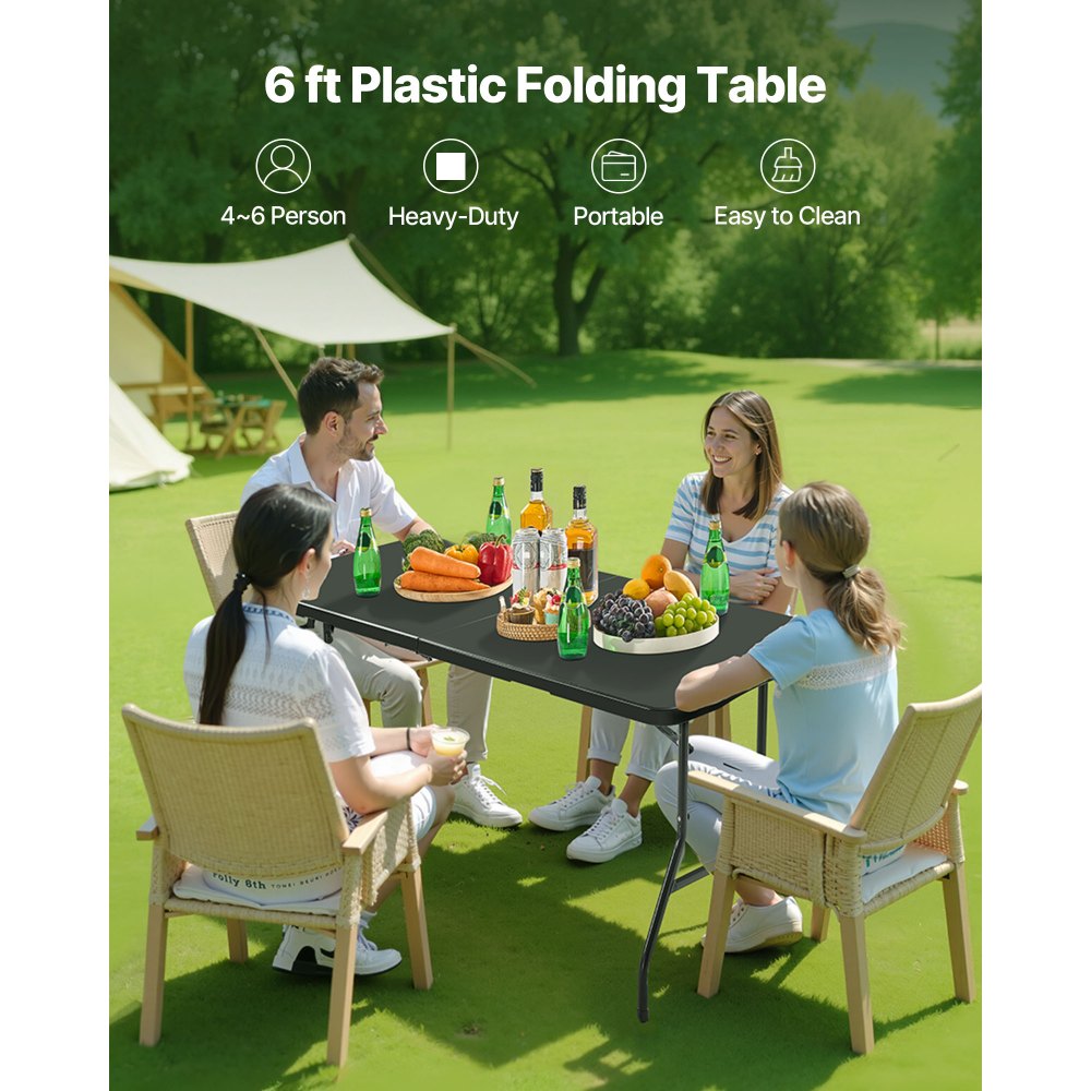 VEVOR Tavolo Pieghevole a Metà, Tavolo in Plastica Resistente Portatile e Rettangolare da 1800x740x740 mm, per Interni ed Esterni con Maniglia Integrata, per Feste, Cene, Picnic, Bianco
