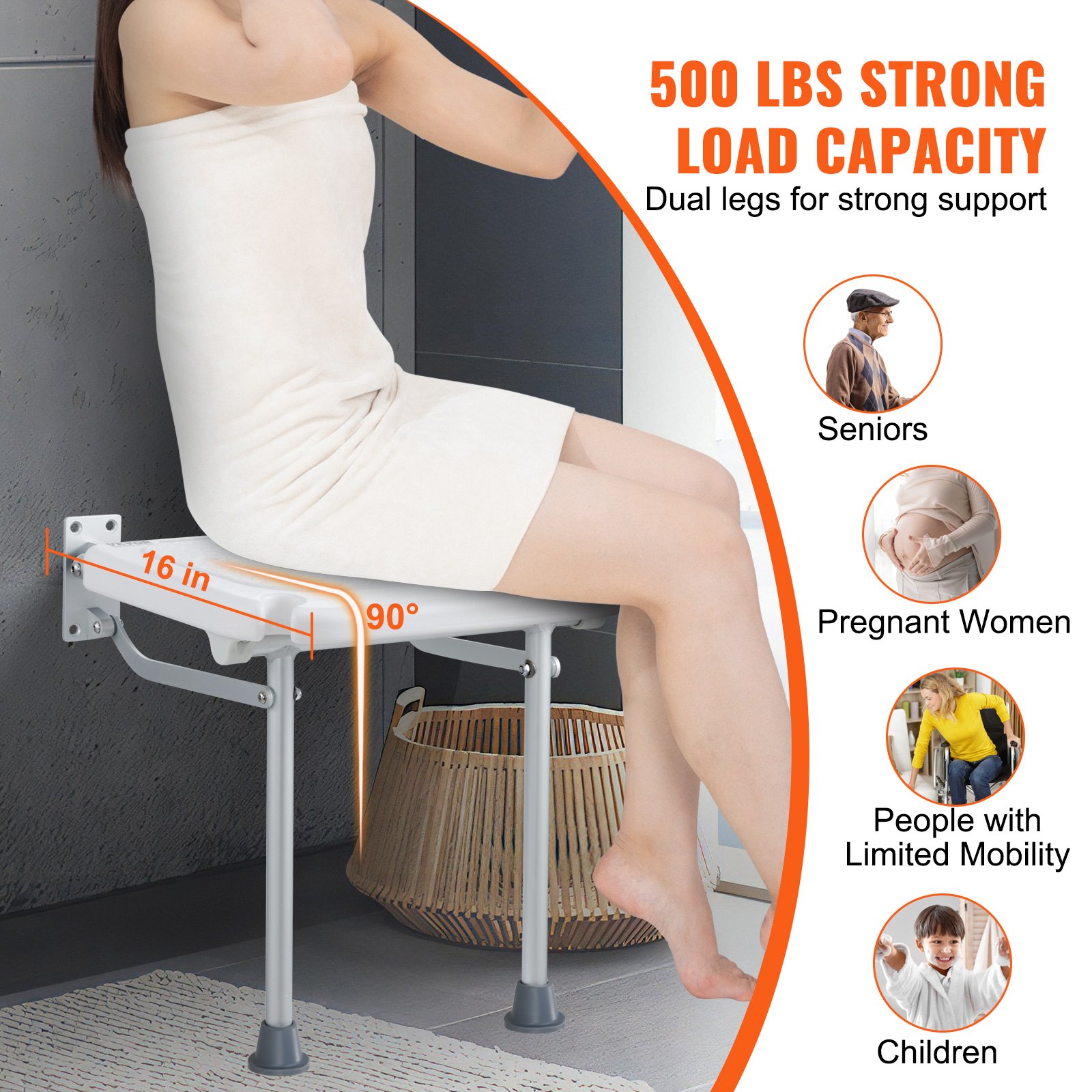 VEVOR Sedile per Doccia Pieghevole in PE 400 x 375 mm Panca per Doccia Pieghevole a Parete, Capacità di Carico 226,8 kg Sedia da Doccia Pieghevole Salva spazio per Anziani Donne Incinte Bambini Adulti