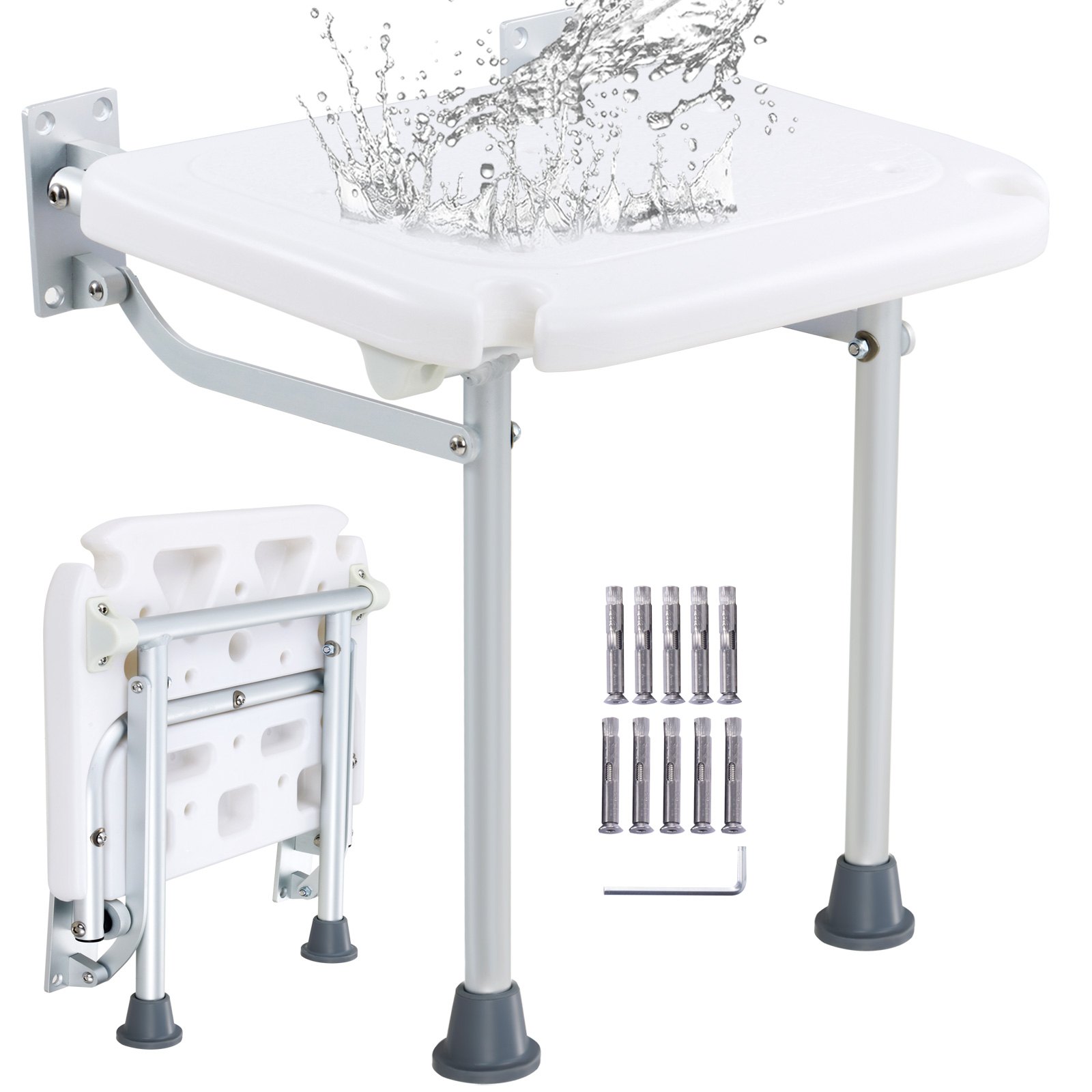 VEVOR Sedile per Doccia Pieghevole in PE 400 x 375 mm Panca per Doccia Pieghevole a Parete, Capacità di Carico 226,8 kg Sedia da Doccia Pieghevole Salva spazio per Anziani Donne Incinte Bambini Adulti