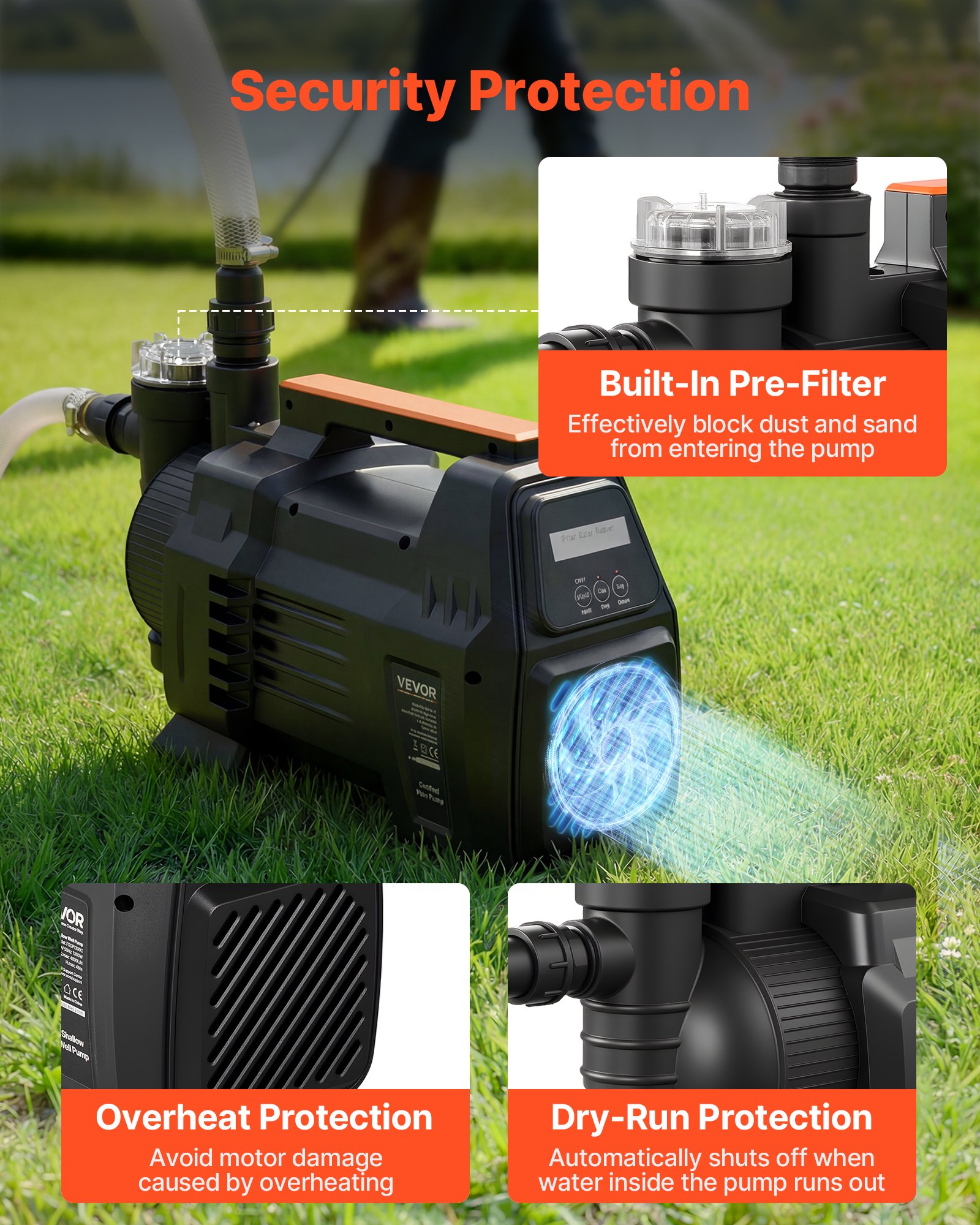 VEVOR Pompa a Getto Pozzi Poco Profondi Elettronica 1300 W Pompa a Getto in PP Flusso max 4800 L/h per Sistema Irrigazione da Giardino Prato Altezza di Aspirazione 8m Riempimento Piscina Schermo LCD