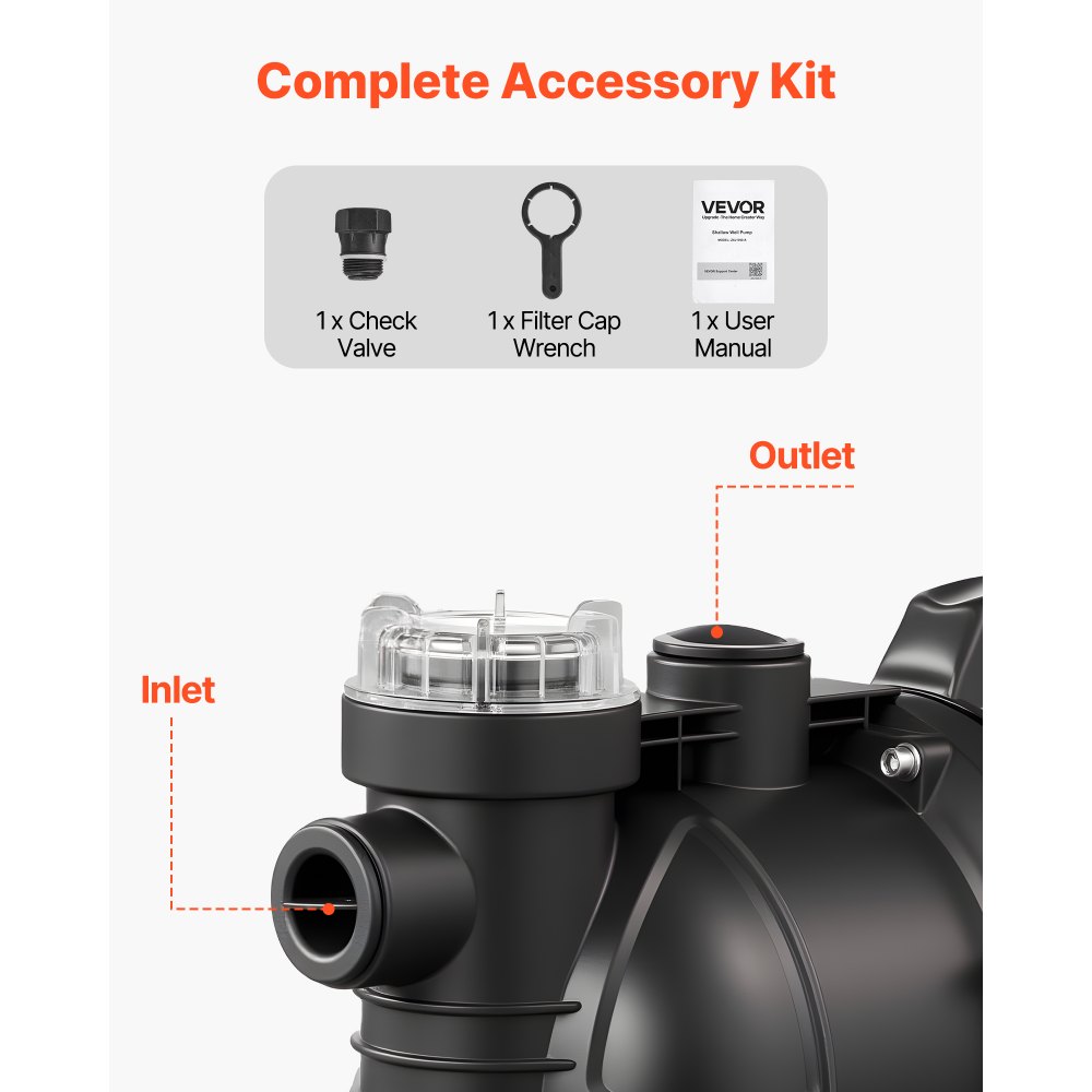 VEVOR Pompa a Getto Pozzi Poco Profondi 1300 W Pompa a Getto in PP Flusso max 4800 L/h per Sistema Irrigazione da Giardino Prato Altezza di Aspirazione 8m Riempimento Piscina con Schermo LCD