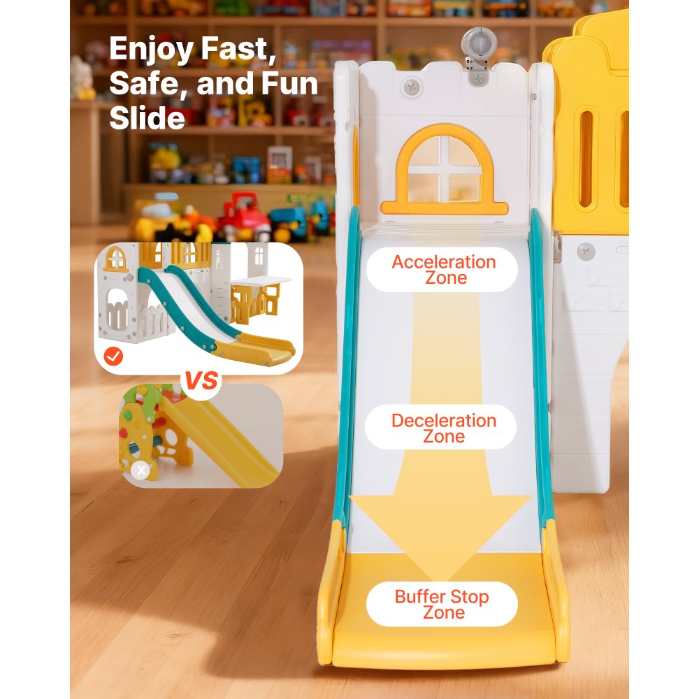 VEVOR Casetta da Gioco per Esterni, Versatile Parco Giochi per Bambini con Scivolo, Canestro, Telescopio, Volante, Tunnel per Gattonare, Vetrina, Struttura di Gioco Aperta per Bambini