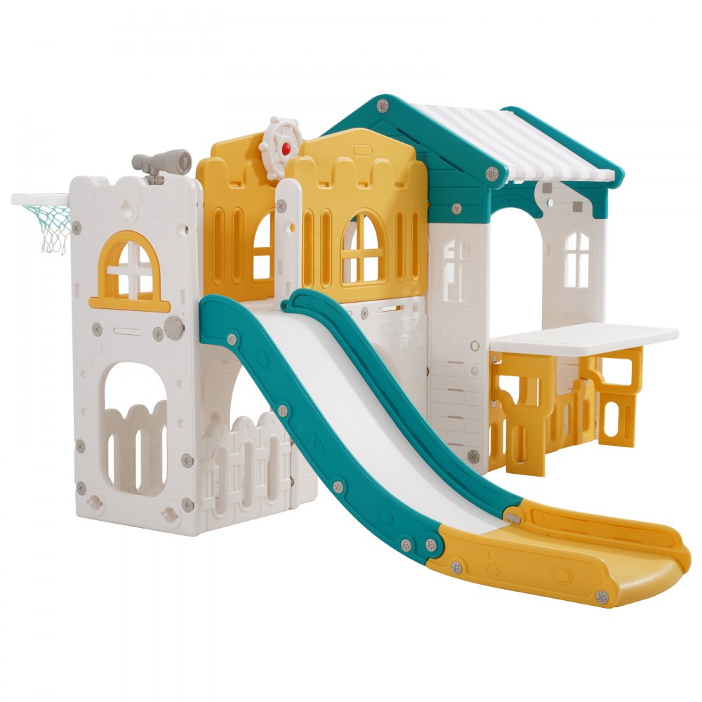 VEVOR Casetta da Gioco per Esterni, Versatile Parco Giochi per Bambini con Scivolo, Canestro, Telescopio, Volante, Tunnel per Gattonare, Vetrina, Struttura di Gioco Aperta per Bambini