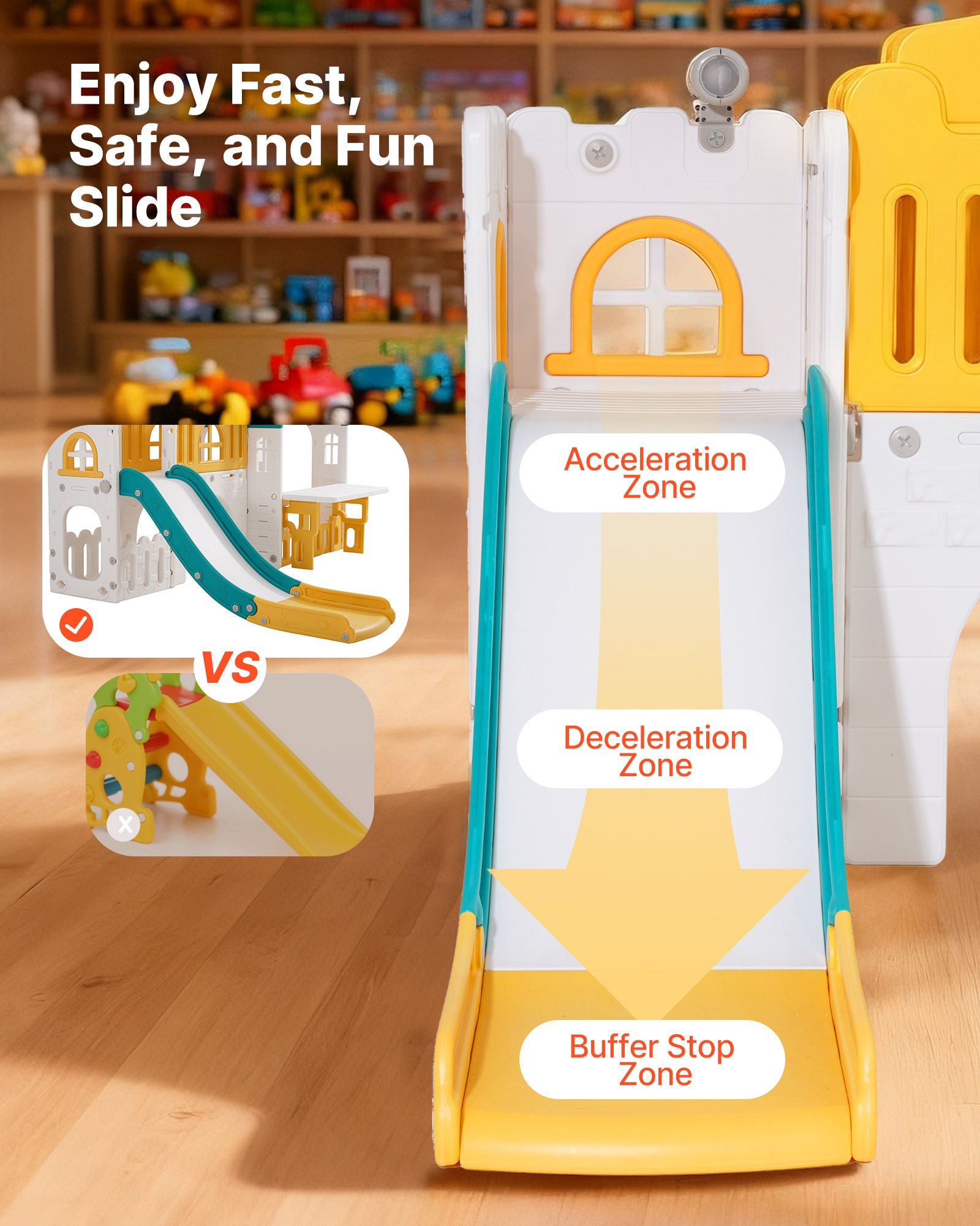 VEVOR Casetta da Gioco per Esterni, Versatile Parco Giochi per Bambini con Scivolo, Canestro, Telescopio, Volante, Tunnel per Gattonare, Vetrina, Struttura di Gioco Aperta per Bambini