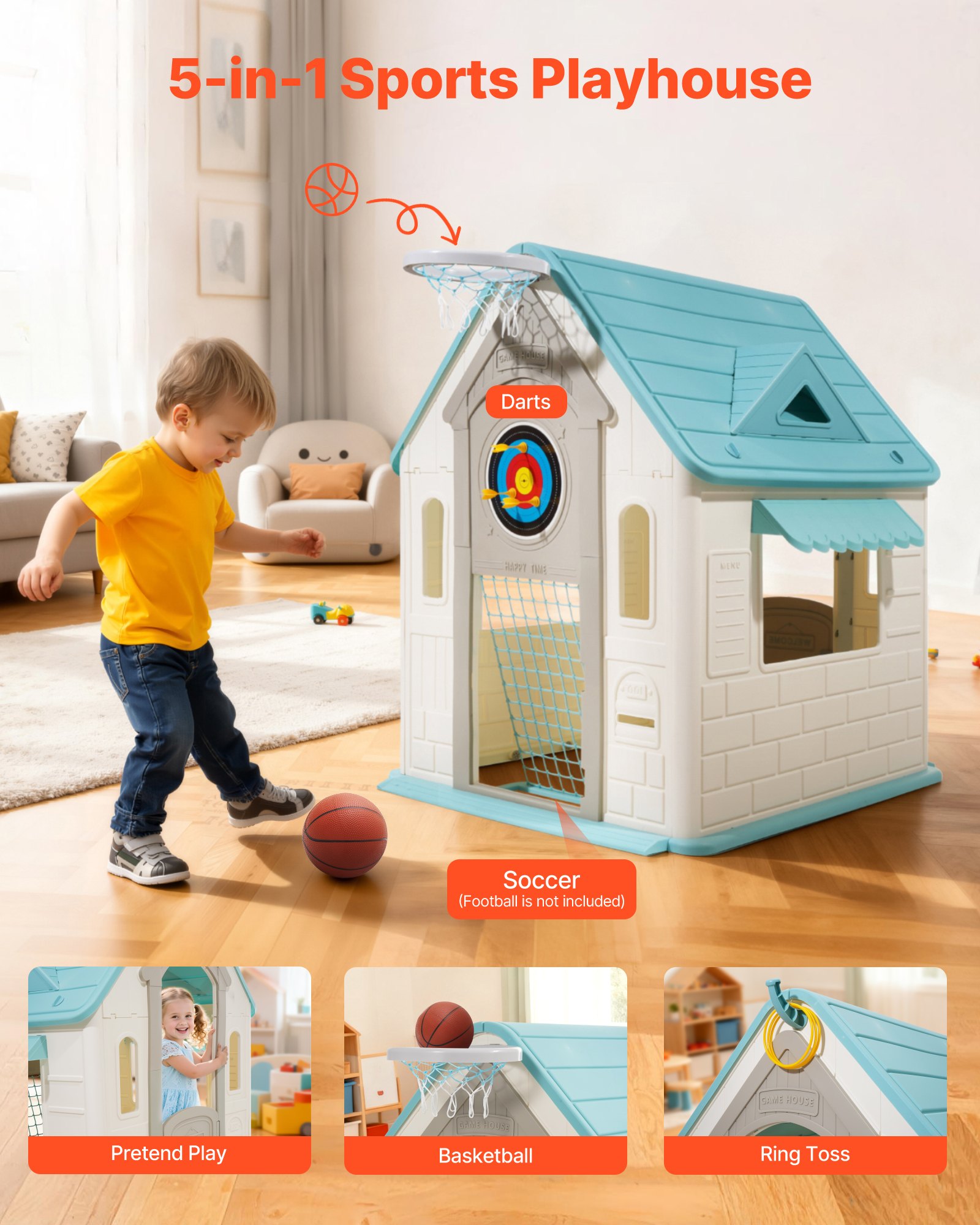 VEVOR Casetta da Gioco per Esterni, Casetta da Gioco con Giochi di Ruolo, Basket, Freccette, Calcio, Lancio degli Anelli, Finestra e Porta Comoda, Set di Scivoli per Bambini, Bordi Lisci