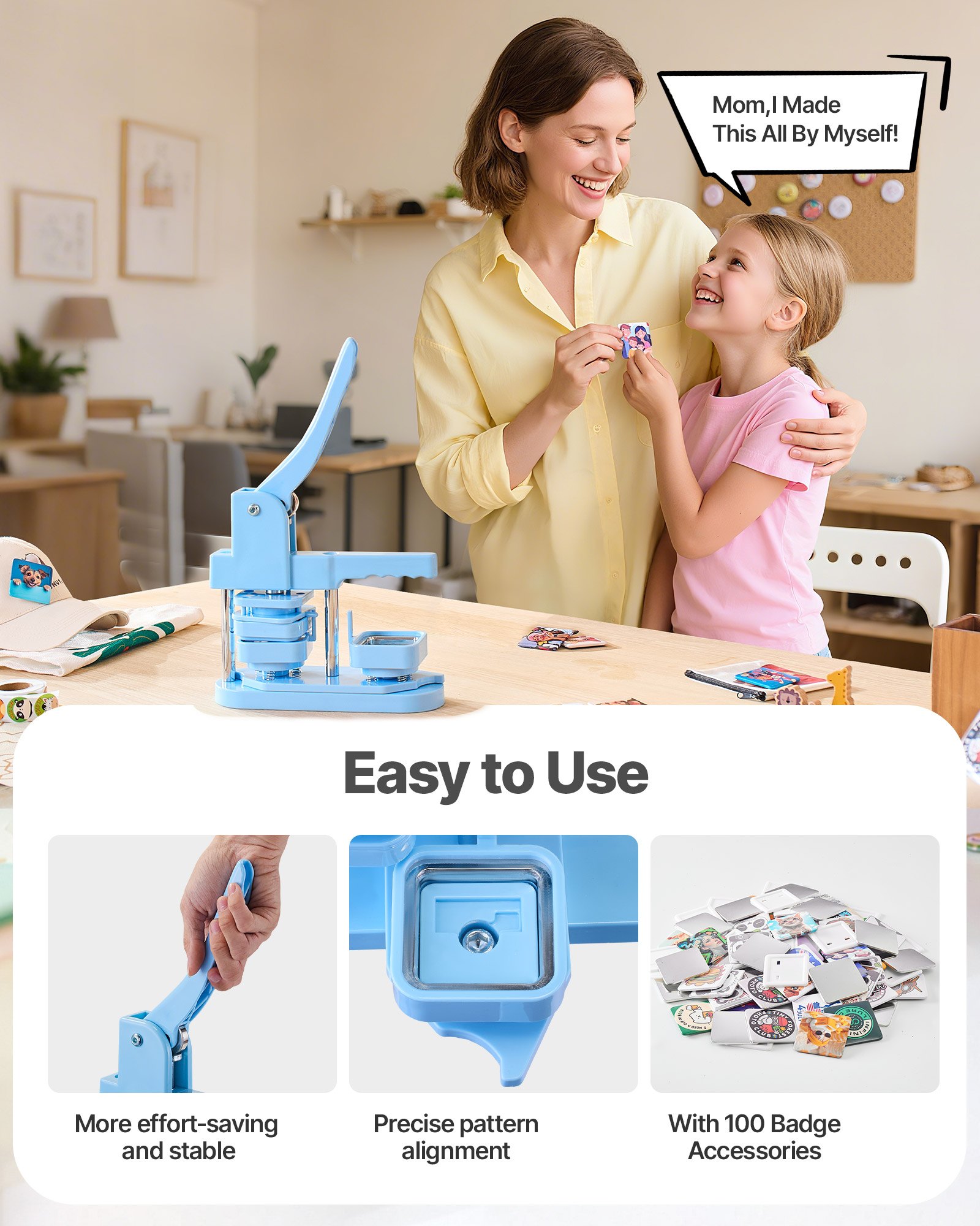 VEVOR Button Maker Machine, 50 x 50 mm Square, Plastic Pin Maker with Tinplate Front Shells, Plastic Back Covers, Magnetic Backings and Transparent Films, Ergonomic Handle, for DIY Badges, Blue