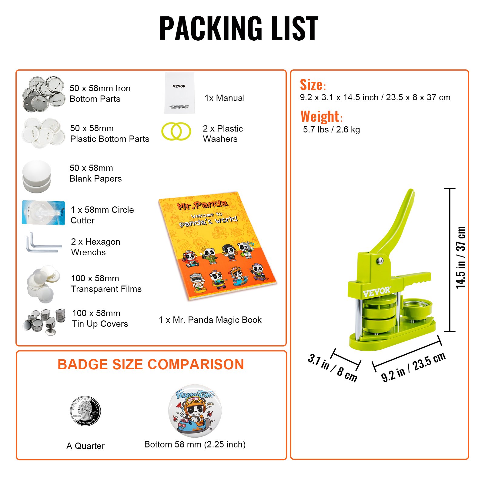 VEVOR macchina per spille Kit per Fustellatrice Manuale di Badge Spillo Bottoni Diametro 58mm Kit di Punzonatrice Manuale in Plastica con Manico