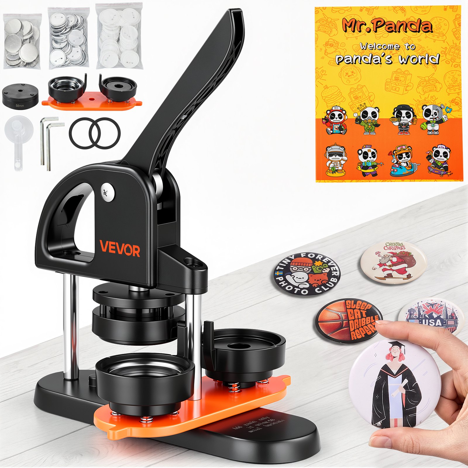 VEVOR Kit per Fustellatrice Manuale di Badge Spillo Bottoni Diametro 58mm 100 Pezzi, Kit di Punzonatrice Manuale in Plastica per Badge Spillo Fai-da-te con Accessori Completi Modelli da Diametro 58mm