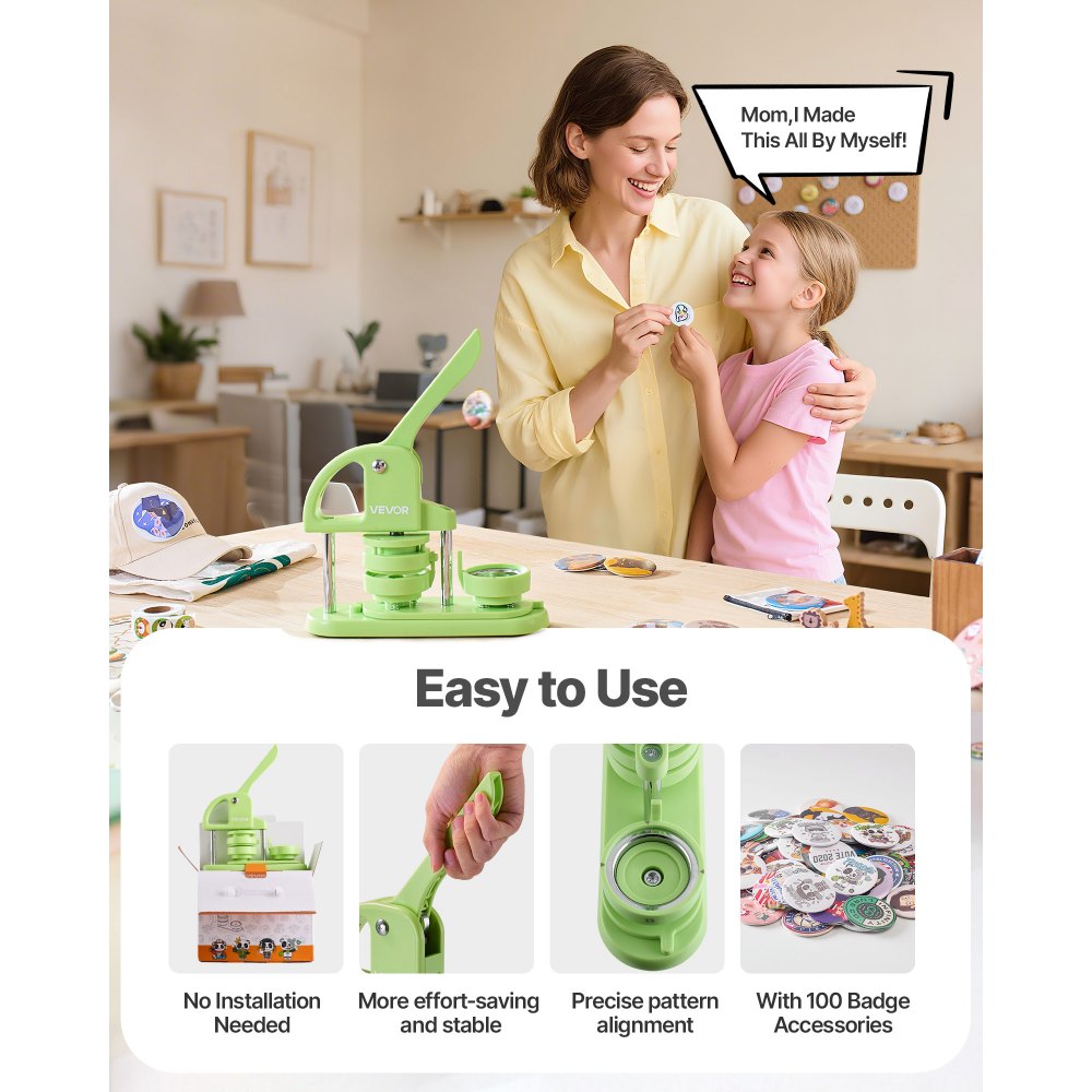 VEVOR Macchina per Spille, Macchina Punzonatrice con 100 pezzi Kit per Fustellatrice Manuale per Badge 58 mm, Impugnatura Ergonomica, per Spille Personalizzate Fai da te, Verde