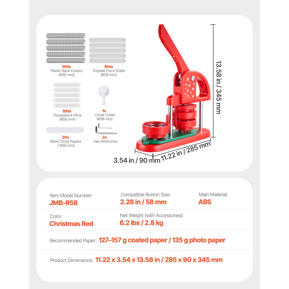 VEVOR Macchina per Spille Rotonde, Macchina Punzonatrice con 100 pezzi Kit per Fustellatrice Manuale per Badge 58 mm, Impugnatura Ergonomica, per Spille Personalizzate Fai da te, Rosso