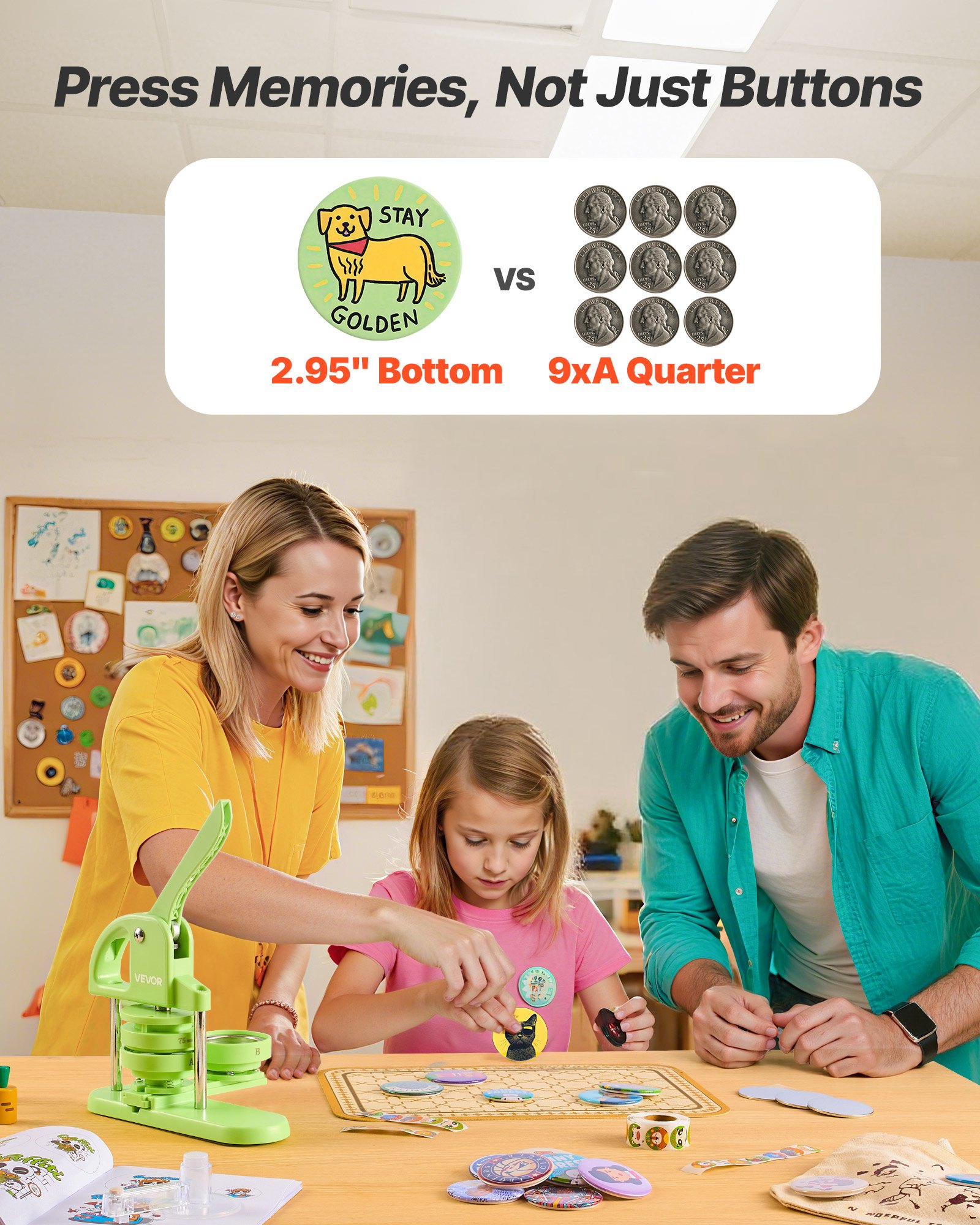 VEVOR Macchina per Spille, Macchina Punzonatrice con 100 pezzi Kit per Fustellatrice Manuale per Badge 75 mm, Impugnatura Ergonomica, per Spille Personalizzate Fai da te, Verde