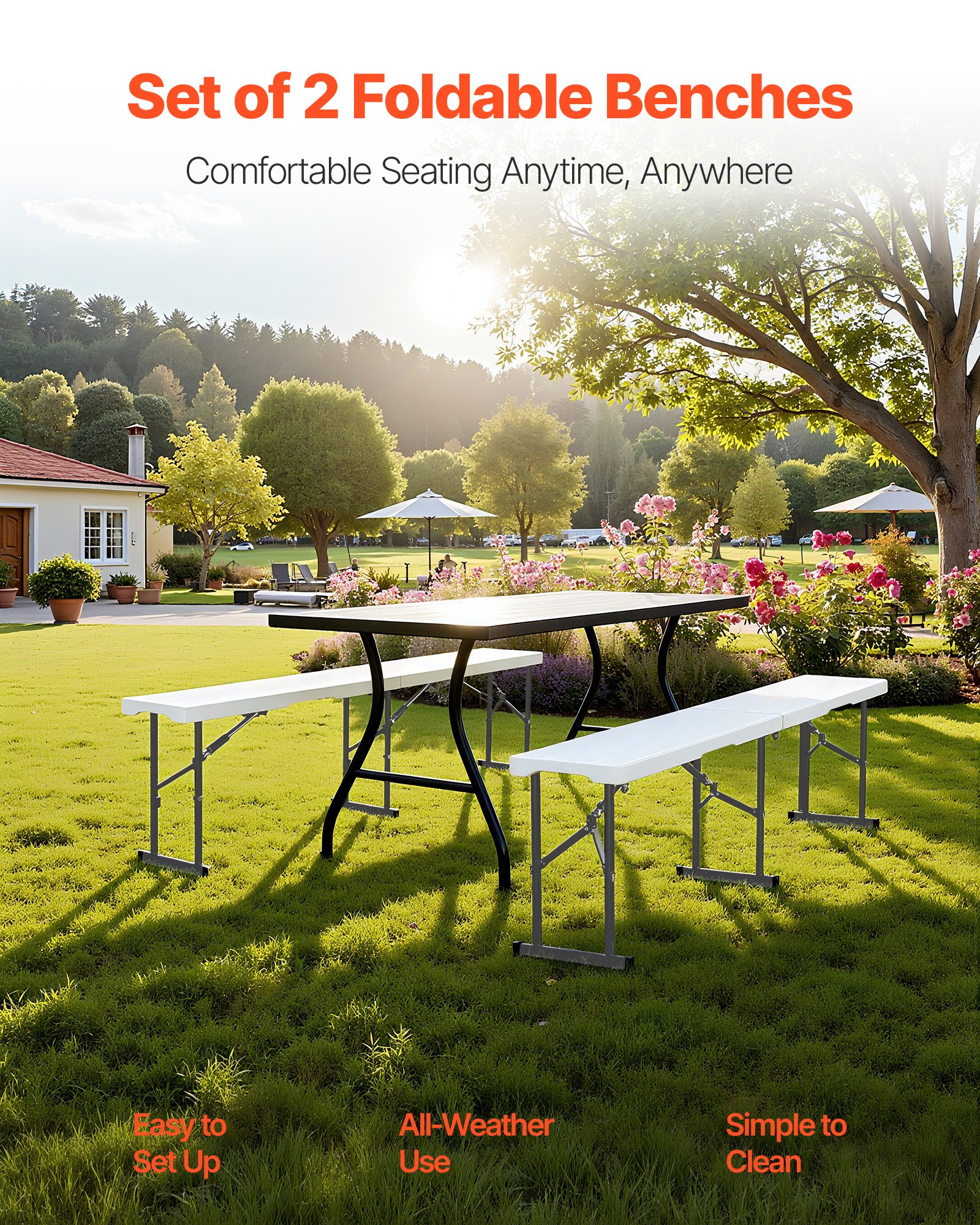 VEVOR Panca Pieghevole in Plastica, Panca Portatile 183 mm Esterno Impermeabile in HDPE, Seduta da Pranzo per Picnic e Campeggio con Maniglia Trasporto, per Attività in Giardino, Bianco 2 Pezzi