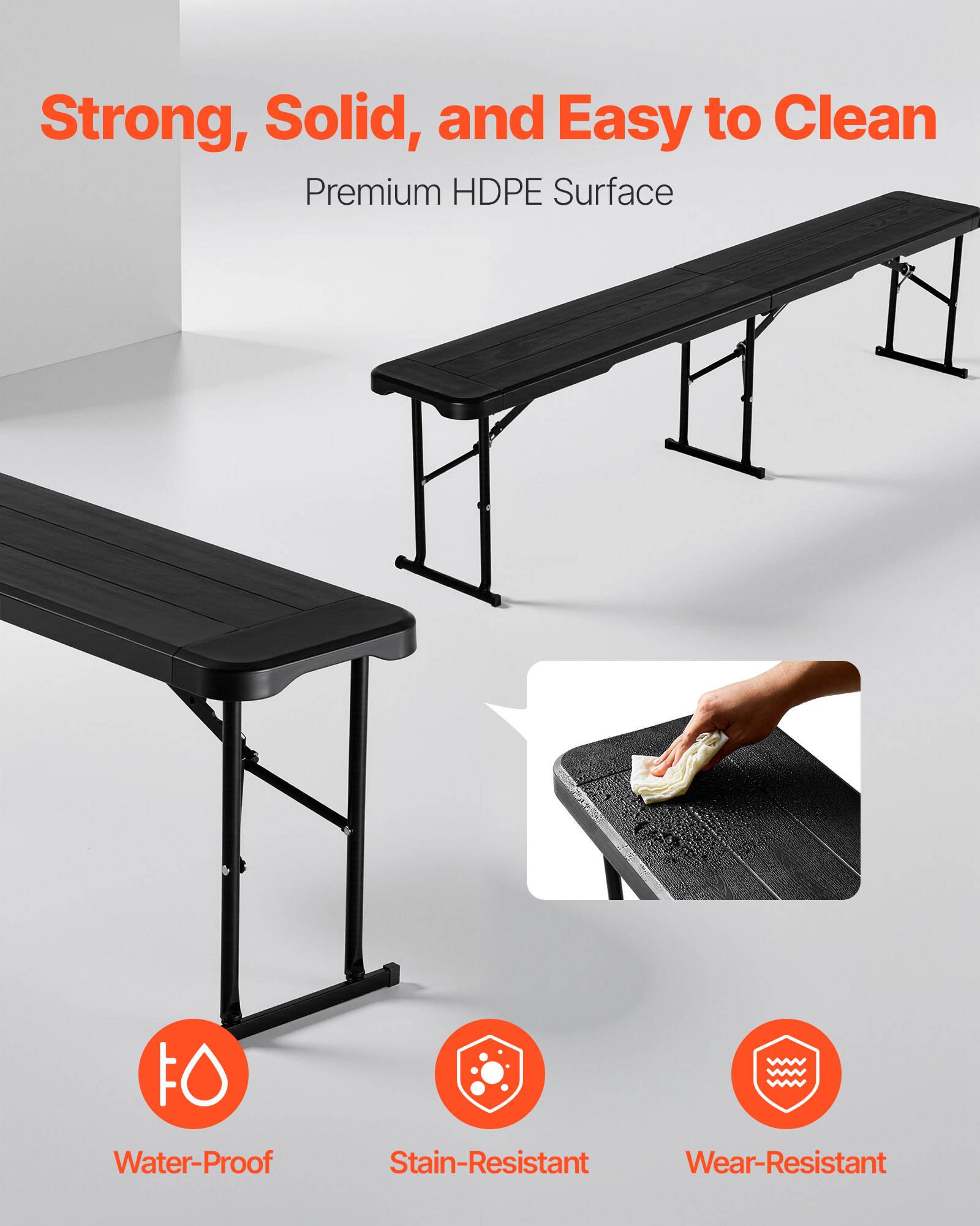 VEVOR Panca da Campeggio Portatile da 182 cm, Panca in Plastica Pieghevole per Picnic, Feste e Pasti in Campeggio, Capacità 150 kg per Posto, 2 Pezzi con 2 Borse per il Trasporto, Nera