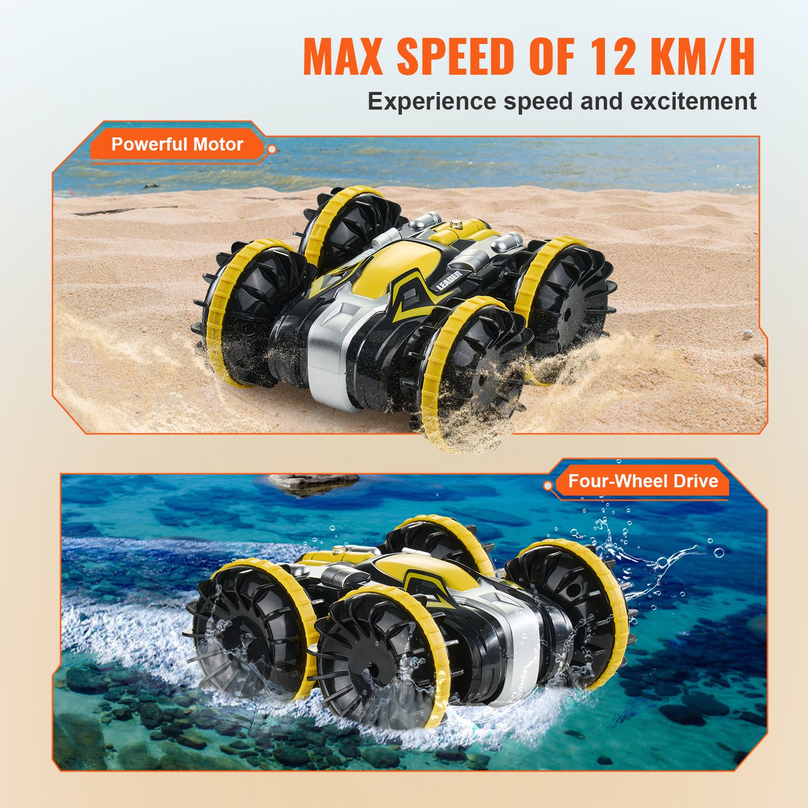 VEVOR Auto Barca Telecomandata Anfibia, Auto RC Impermeabile 2,4GHz 12 km/h 4WD, Giocattolo Auto Acrobatica Girevole 360°, Giocattolo per Piscina da Spiaggia per Tutti i Terreni per Bambini, Giallo