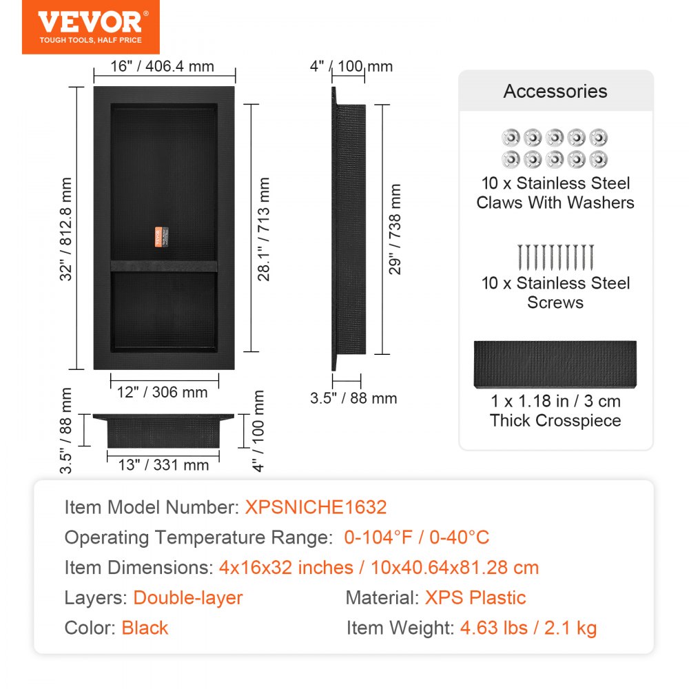 VEVOR Wall Niche 10x40.64x81.28cm Shower Niche Tileable Double Layer Waterproof Niche Installation Back Panel Material (XPS, Wood, Cement) Suitable for Bathroom Bedroom Study