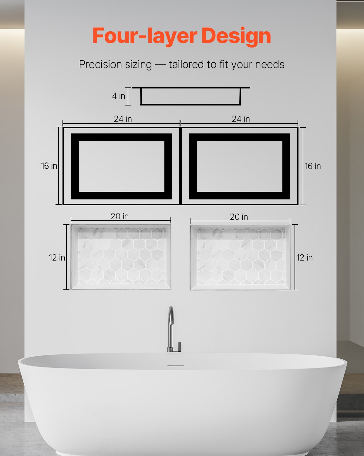 VEVOR Shower Niche, 40.6 x 61 cm + 40.6 x 61 cm Wall Niche with Movable Shelf, 10.2 cm Thick Modern Soap & Shampoo Storage Organizer, Black for Bathroom Shower