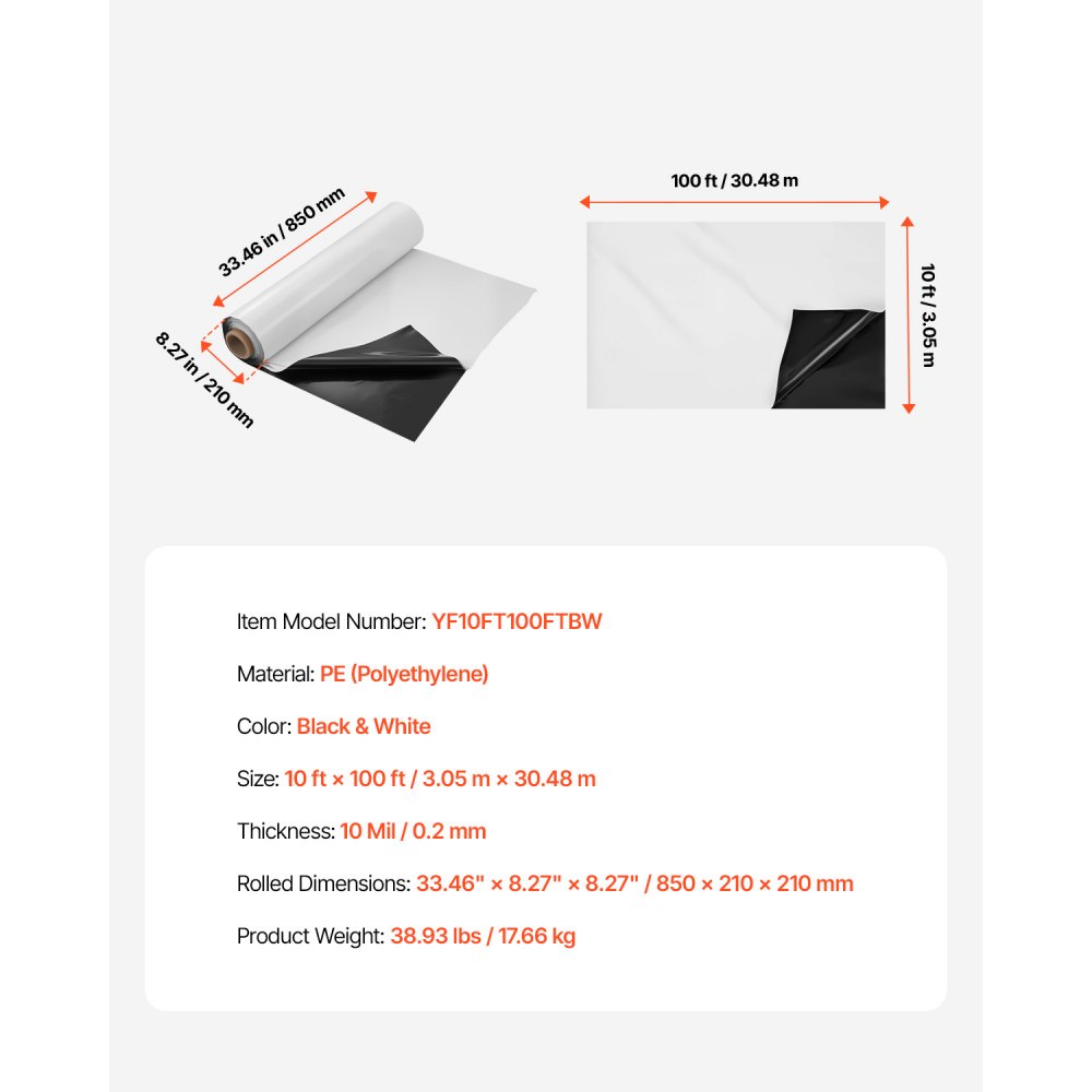 VEVOR PE construction film 3.05x30.48 m, 0.25 mm thick plastic film, plastic tarpaulin, screed film, cover film for crawl space vapor barrier, black and white, double-sided, versatile
