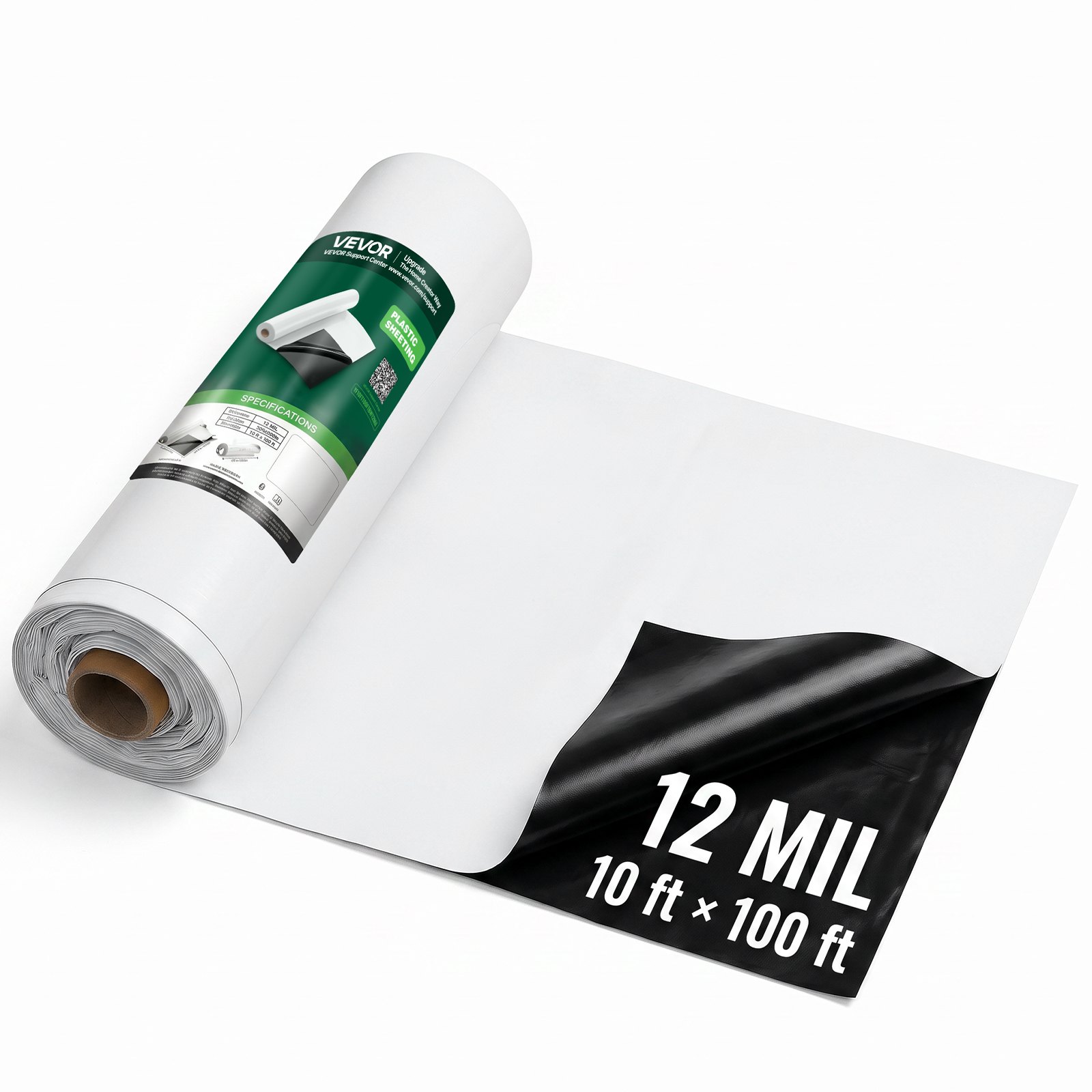 VEVOR Telo in Polietilene da 0,3 mm 3,05 x 30,48 m Senza Fori Bianco e Nero, Rotolo Copertura in Plastica Protettiva Spessa, per Imbianchini Vespaio Controllo delle Erbacce Giardino Aiuola Frutteto