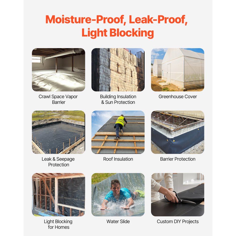 VEVOR Telo di Plastica 0,35 mm, 3,05 m x 30,48 m Barriera al Vapore per Intercapedine, Telo in Polietilene per Giardino ad Alta Resistenza, Telo per Fornitura di Plastica Agricola Nero e Bianco