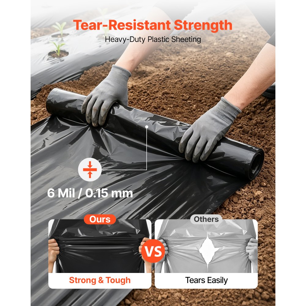 VEVOR Telone in Polietilene da 0,15 mm 3,05 x 7,62 m Nero per Pacciamatura, Rotolo di Plastica Spesso Copertura Protettiva, per Pittura Vespaio Barriera al Vapore Controllo delle Erbacce in Terreni
