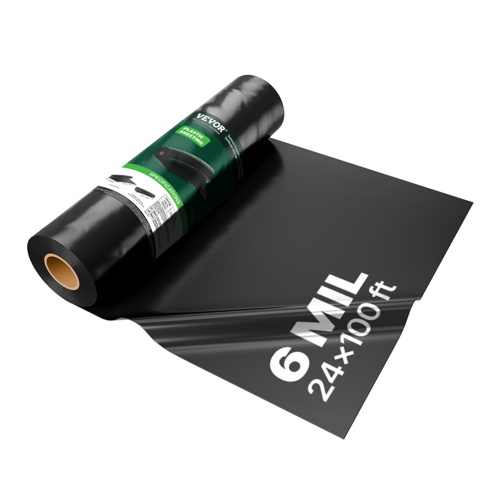 VEVOR PE construction film 7.31 x 30.48 m, 0.15 mm thick protective film, plastic tarpaulin, painter's drop cloth, polyethylene screed film for crawl space vapor barrier, versatile, protective film, black