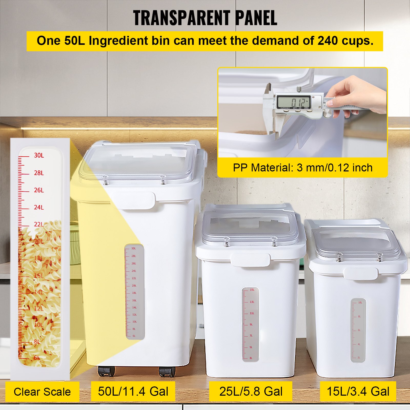 VEVOR Contenitore per Alimenti Capacità da 50L+25L+15L, Contenitore per Conservazione di Riso in PP e PET con 4 Ruote, Contenitore Bianco per Ingredienti Portatile da Cucina con Coperchi a 3 Strati