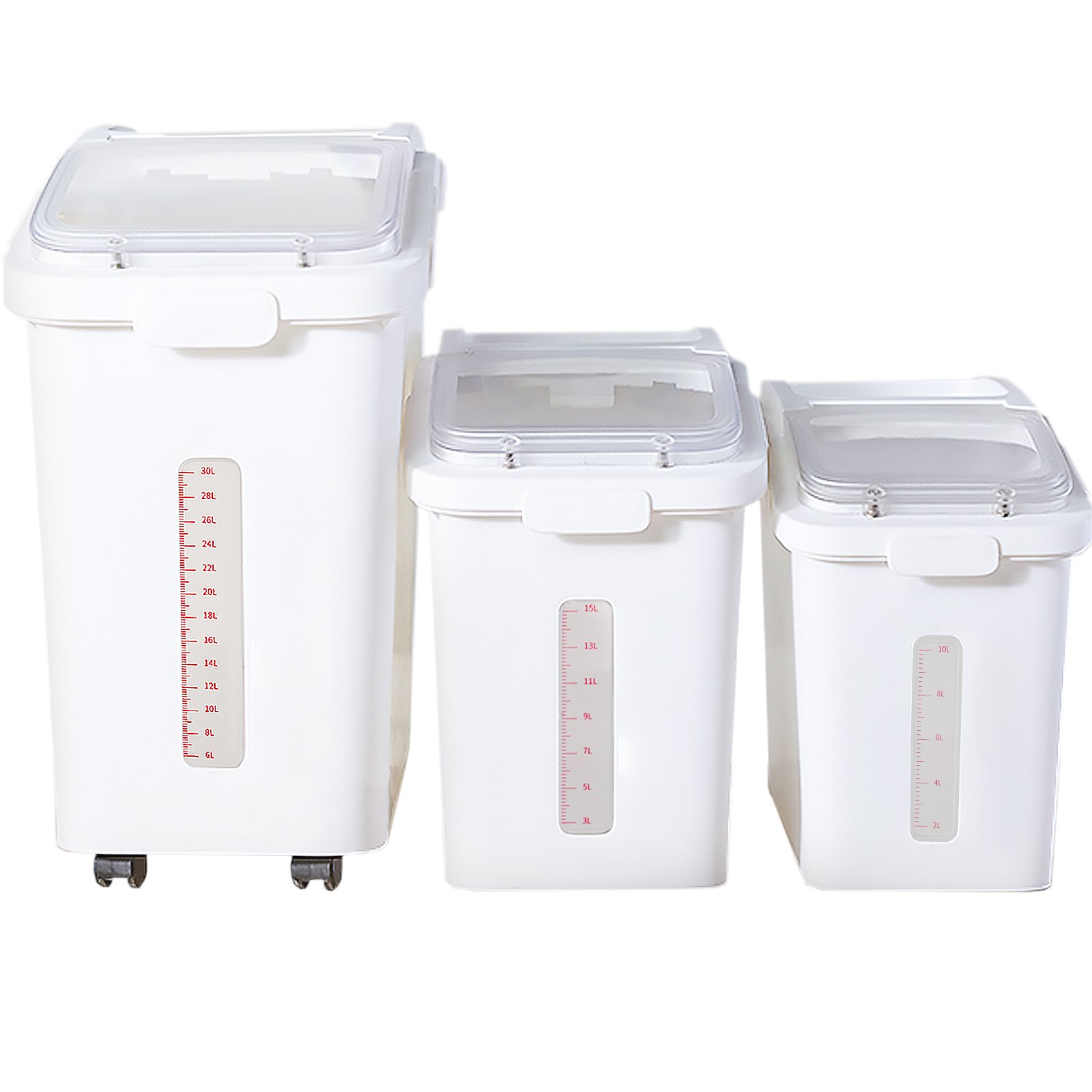 VEVOR Contenitore per Alimenti Capacità da 50L+25L+15L, Contenitore per Conservazione di Riso in PP e PET con 4 Ruote, Contenitore Bianco per Ingredienti Portatile da Cucina con Coperchi a 3 Strati