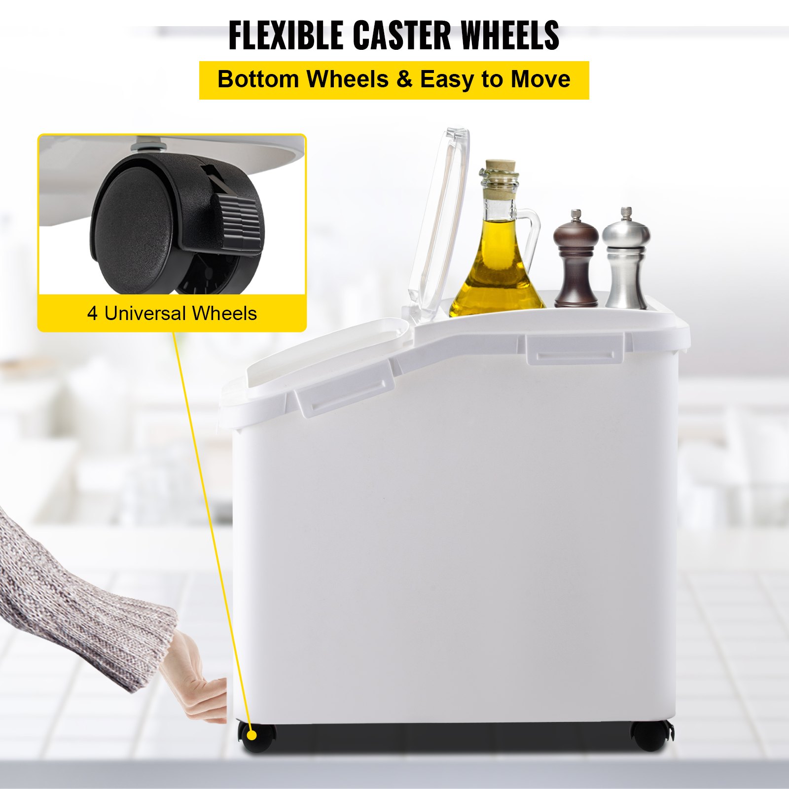 VEVOR Contenitore per Alimenti Capacità da 50L, Contenitore per Conservare Riso con Ruote Materiale in PP e PET, Contenitore per Ingredienti Portatile da Cucina con Coperchi a 3 Strati Colore Bianco