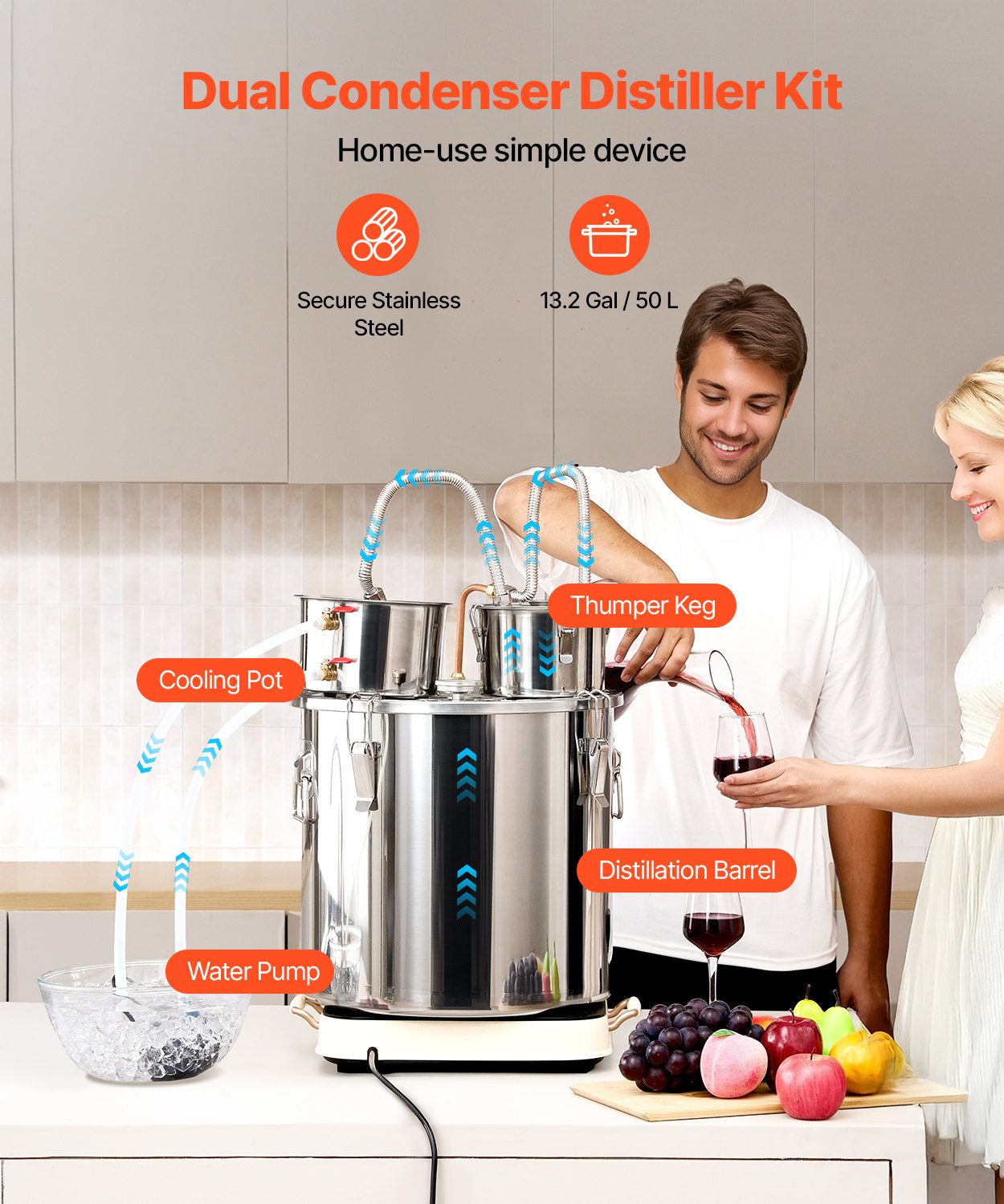 VEVOR Kit Distillatore per Alcol Pompa dell'Acqua, Kit di Fermentazione con Doppio Condensatore Distillazione Secondaria, Kit Distillatore Serbatoio Fai da te Capienza 50 L per Bevande Alcoliche