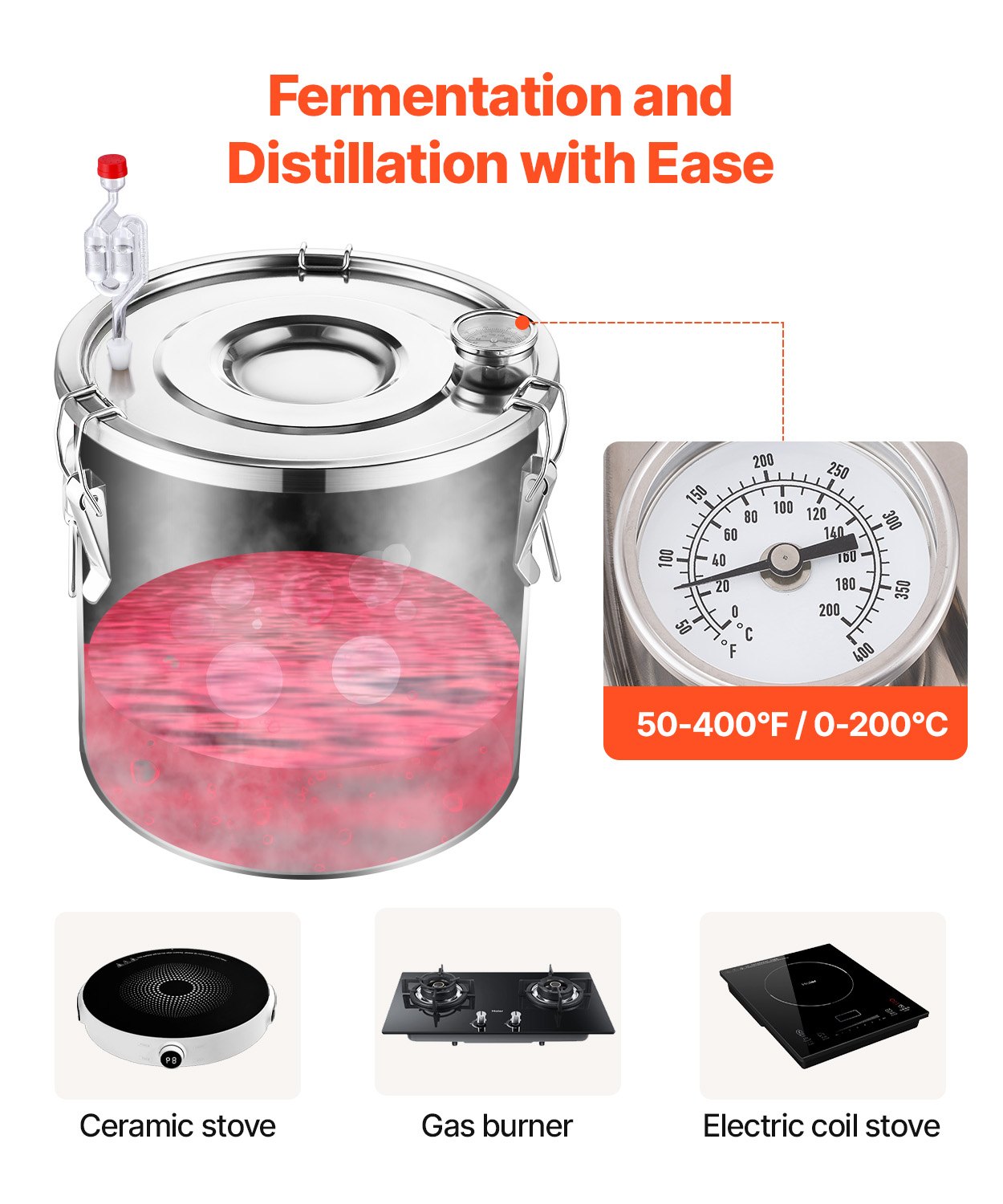 VEVOR Kit Distillatore per Alcol Pompa dell'Acqua, Kit di Fermentazione con Doppio Condensatore Distillazione Secondaria, Kit Distillatore Serbatoio Fai da te Capienza 50 L per Bevande Alcoliche