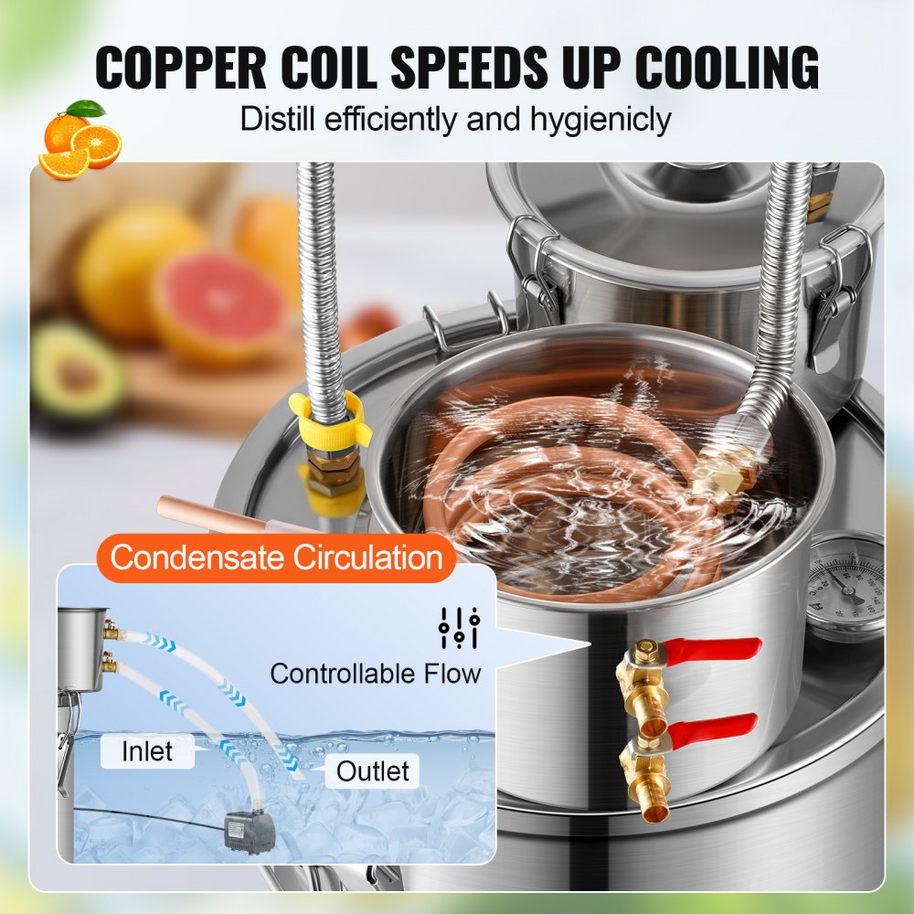 VEVOR Distillatore di Bevande Alcoliche Fusto Capienza ca. 50L Kit di Distillatore di Alcol per Raffreddamento, Set di Distillatore a Doppio Condensatore con Distillazione Secondaria Liquore Alcolico