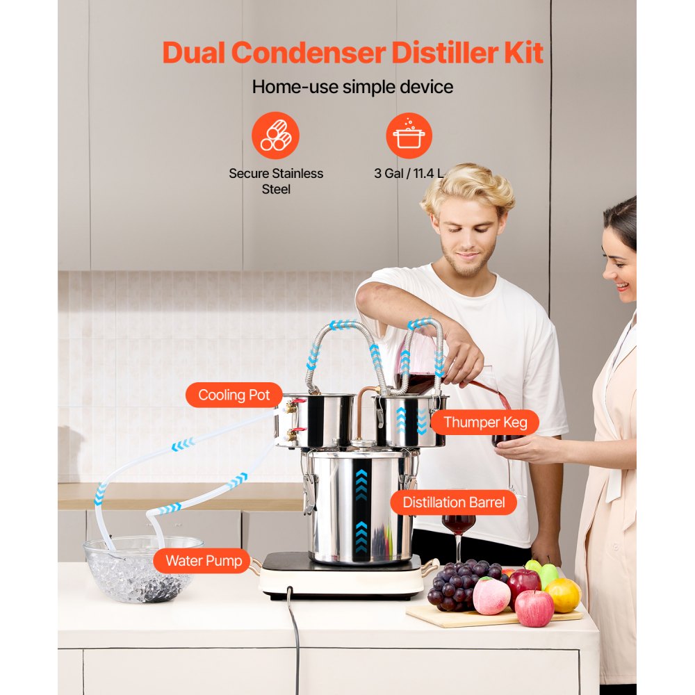 VEVOR Kit Distillatore per Alcol Pompa dell'Acqua, Kit Fermentazione Serpentina in Rame Doppio Condensatore Distillazione Secondaria, Kit Distillatore Serbatoio Capienza 11,4 L per Bevande Alcoliche