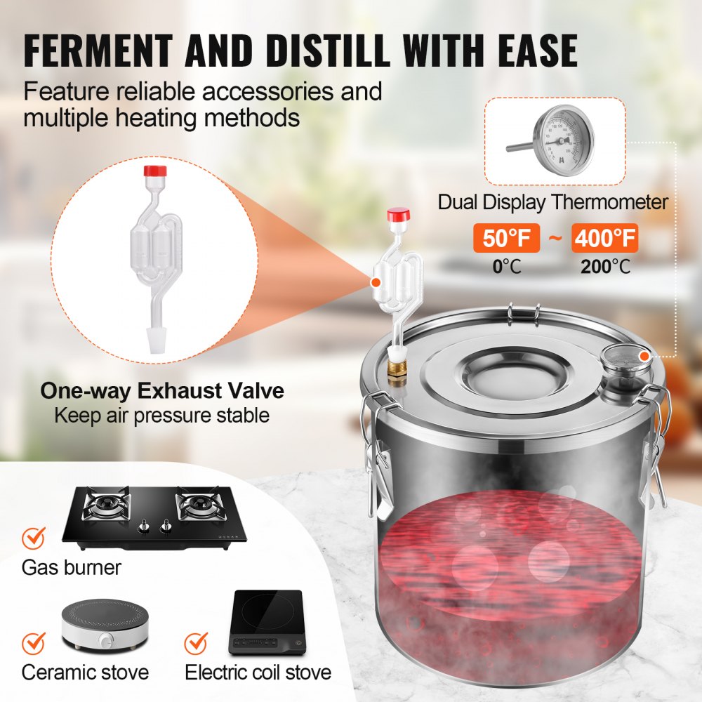 VEVOR Distillatore Bevande Alcoliche Fusto Capienza ca. 19 L Kit di Distillatore di Alcol per Raffreddamento, Set di Distillatore a Doppio Condensatore con Distillazione Secondaria Liquore Alcolico