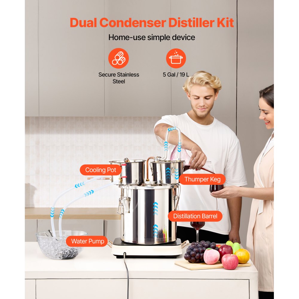 VEVOR Kit Distillatore per Alcol Pompa dell'Acqua, Kit di Fermentazione con Doppio Condensatore Distillazione Secondaria, Kit Distillatore Serbatoio Fai da te Capienza 19 L per Bevande Alcoliche