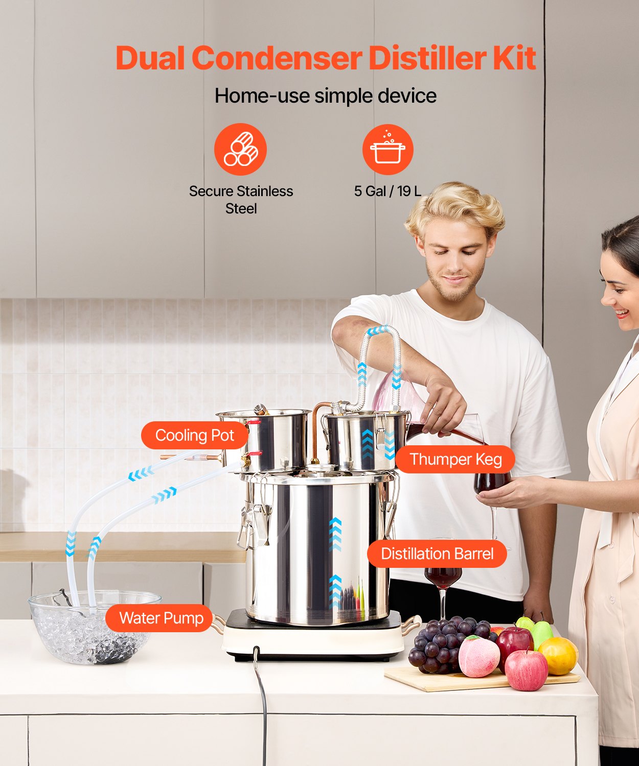 VEVOR Kit Distillatore per Alcol Pompa dell'Acqua, Kit di Fermentazione con Doppio Condensatore Distillazione Secondaria, Kit Distillatore Serbatoio Fai da te Capienza 19 L per Bevande Alcoliche