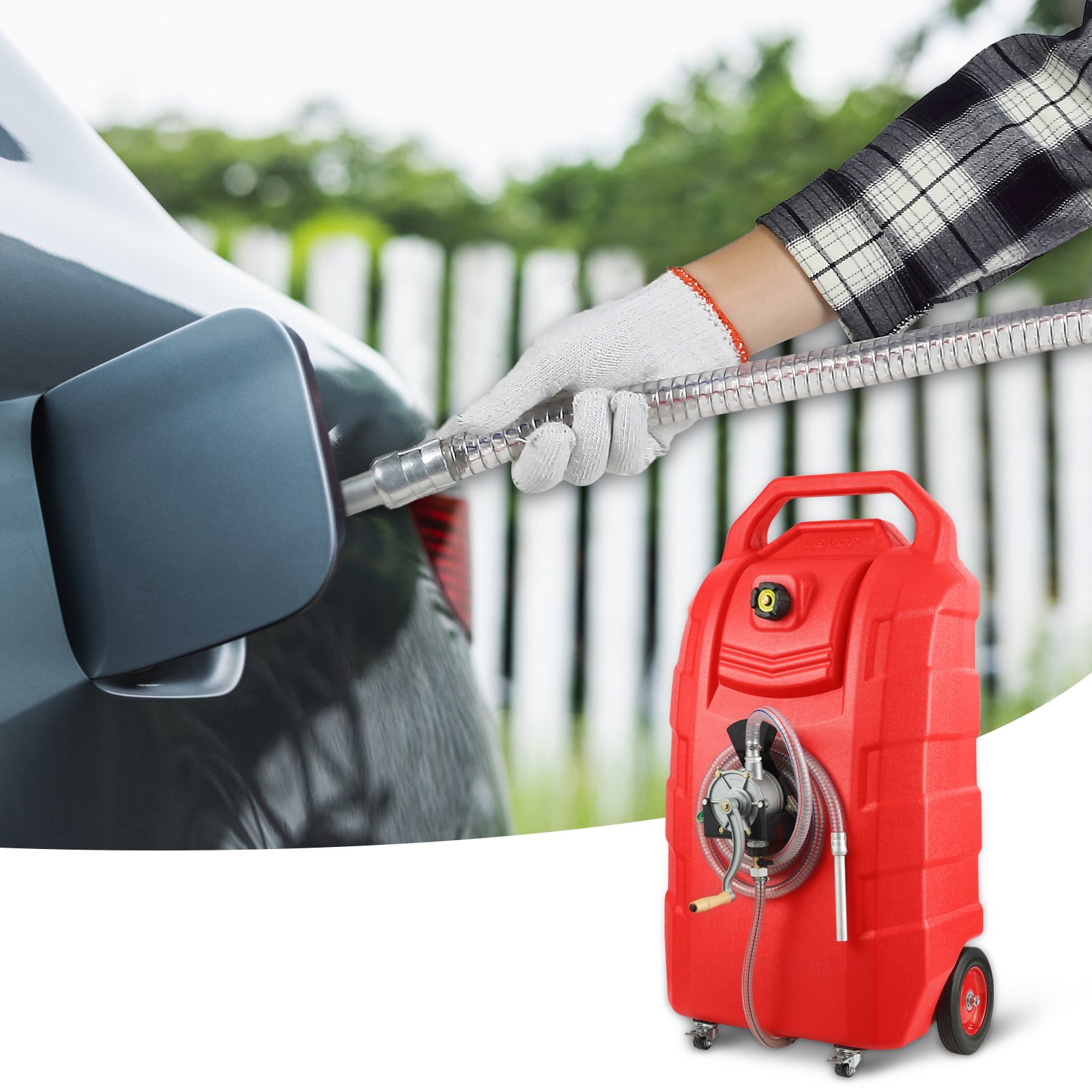 VEVOR Contenitore per Carburante, 32 Galloni, Serbatoio di Stoccaggio con Pompa di Trasferimento Manuale, Contenitore per Benzina Diesel per Auto, Tosaerba, ATV, Barche, Altro, Rosso