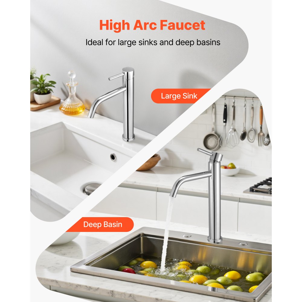 VEVOR Rubinetto Monocomando per Lavello da Cucina, Rubinetto Cromato per Lavello da Cucina, Miscelatore per Acqua Altezza del Beccuccio 195 mm in Acciaio Inossidabile, per Bagno, Bar