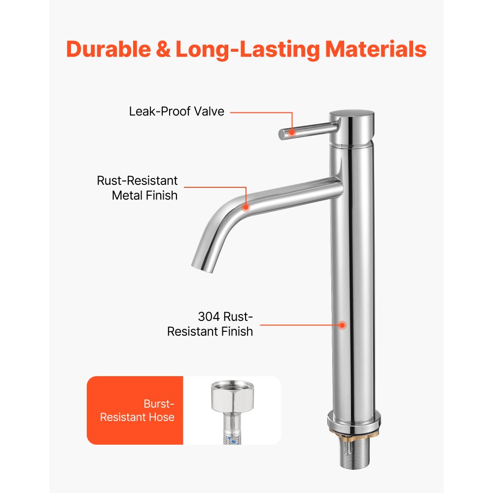 VEVOR Rubinetto Monocomando per Lavello da Cucina, Rubinetto Cromato per Lavello da Cucina, Miscelatore per Acqua Altezza del Beccuccio 195 mm in Acciaio Inossidabile, per Bagno, Bar