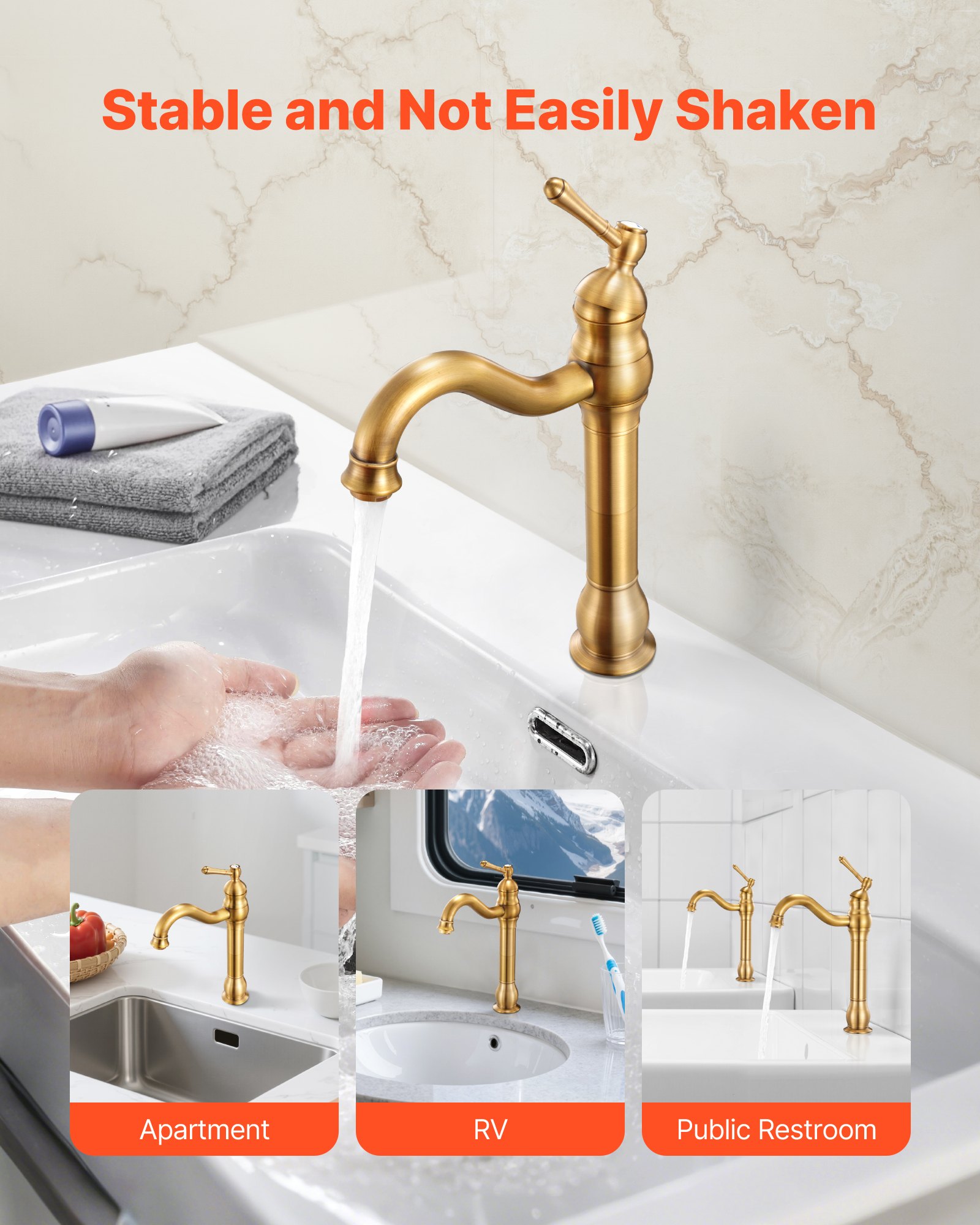 VEVOR Single Handle Sink Faucet, Solid Brass Single Handle Kitchen Faucet, 1 or 3 Hole Kitchen Faucets with Push-Button Drain, Suitable for Bathroom, RV, Bar, Public Restroom, Anti-Backflow Design