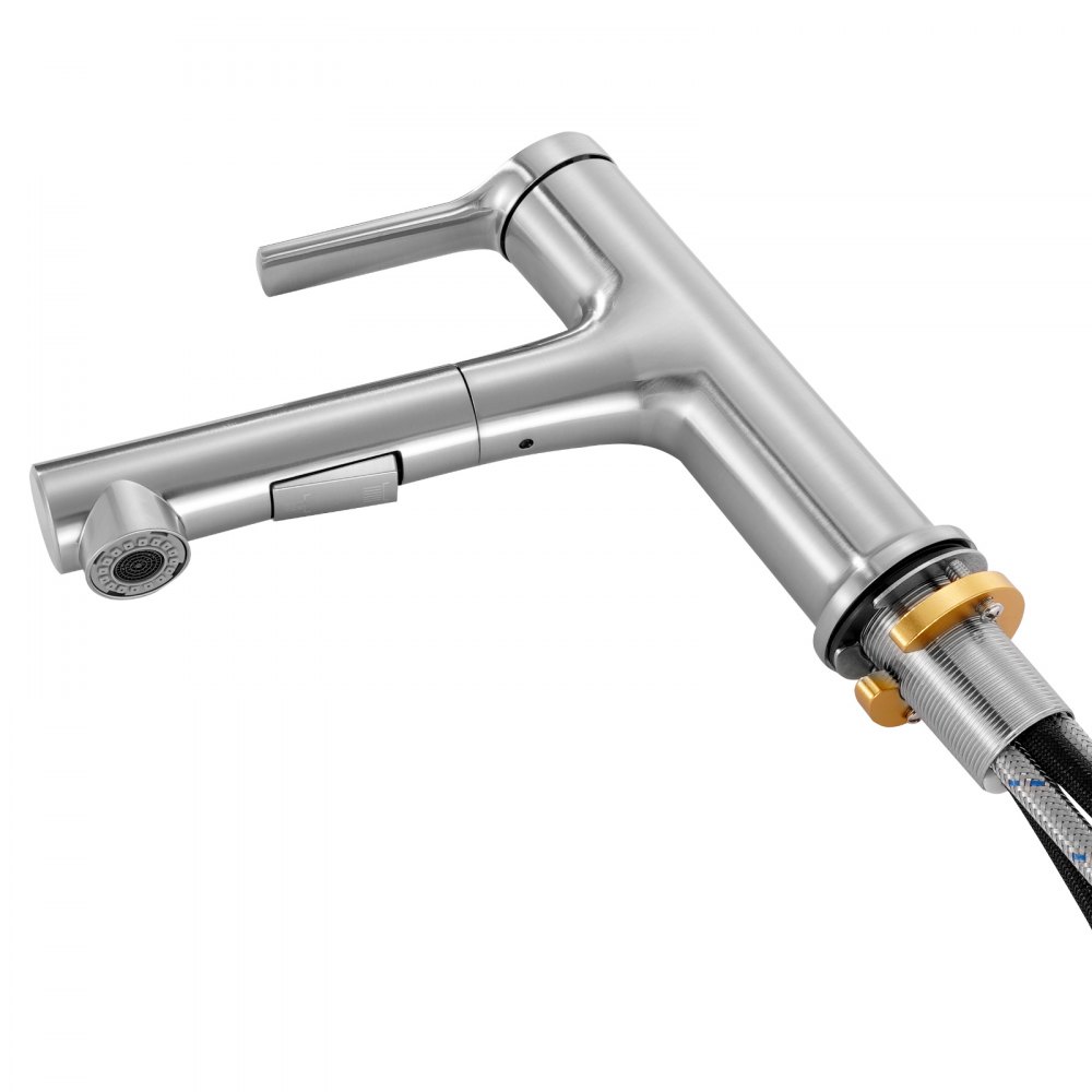 VEVOR Single Handle Sink Faucet, Single Handle Pull Out Faucet 1 or 3 Hole, Brushed Nickel Stainless Steel Sink Faucets with Push-Button Switch, Suitable for Bathroom, RV, Public Restroom, Lead-free