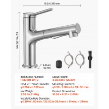 VEVOR Rubinetto Monocomando per Lavello da Cucina, Rubinetto Miscelatore con Beccuccio Estraibile per Lavello da Cucina, Miscelatore per Acqua 1 o 3 Fori per Bagno in Acciaio Inox, Bar