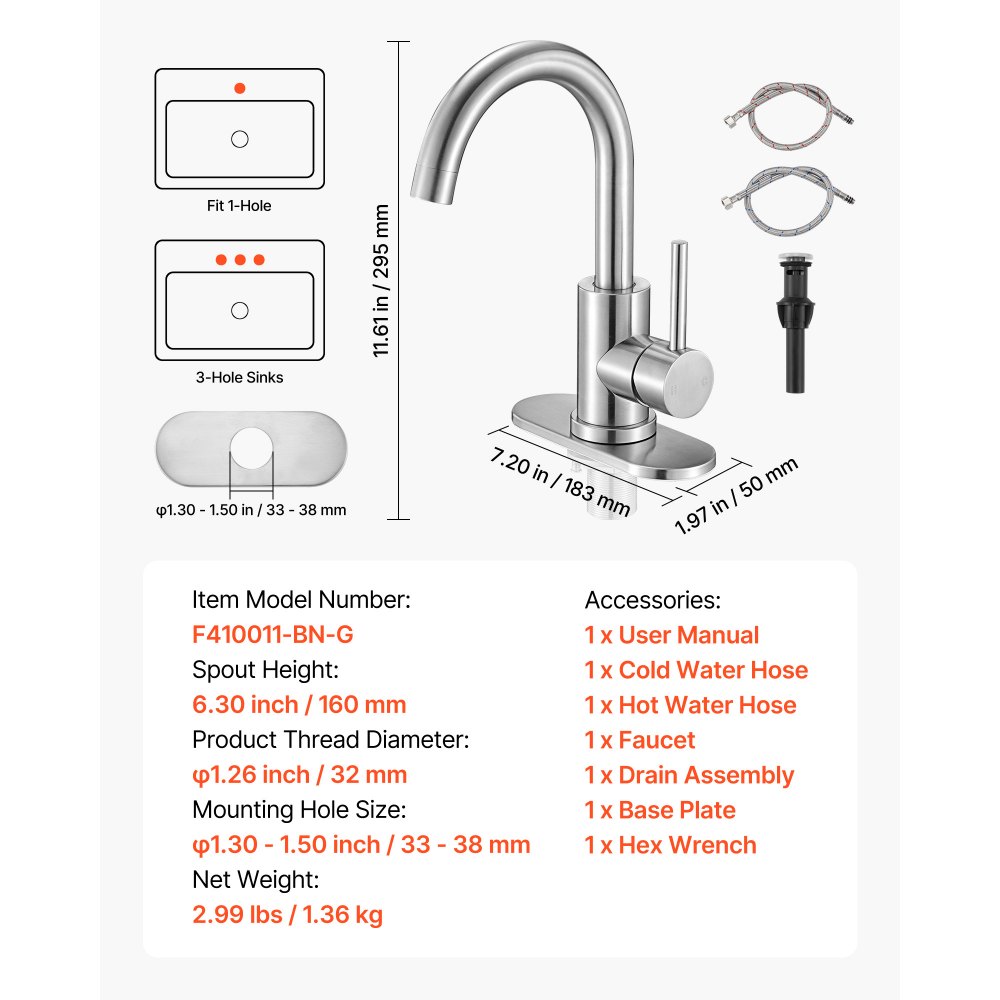 VEVOR Rubinetto Monocomando per Lavello da Cucina, Rubinetto Beccuccio ad Arco per Lavello da Cucina, Miscelatore per Acqua Altezza del Beccuccio 160 mm per Bagno, Argento