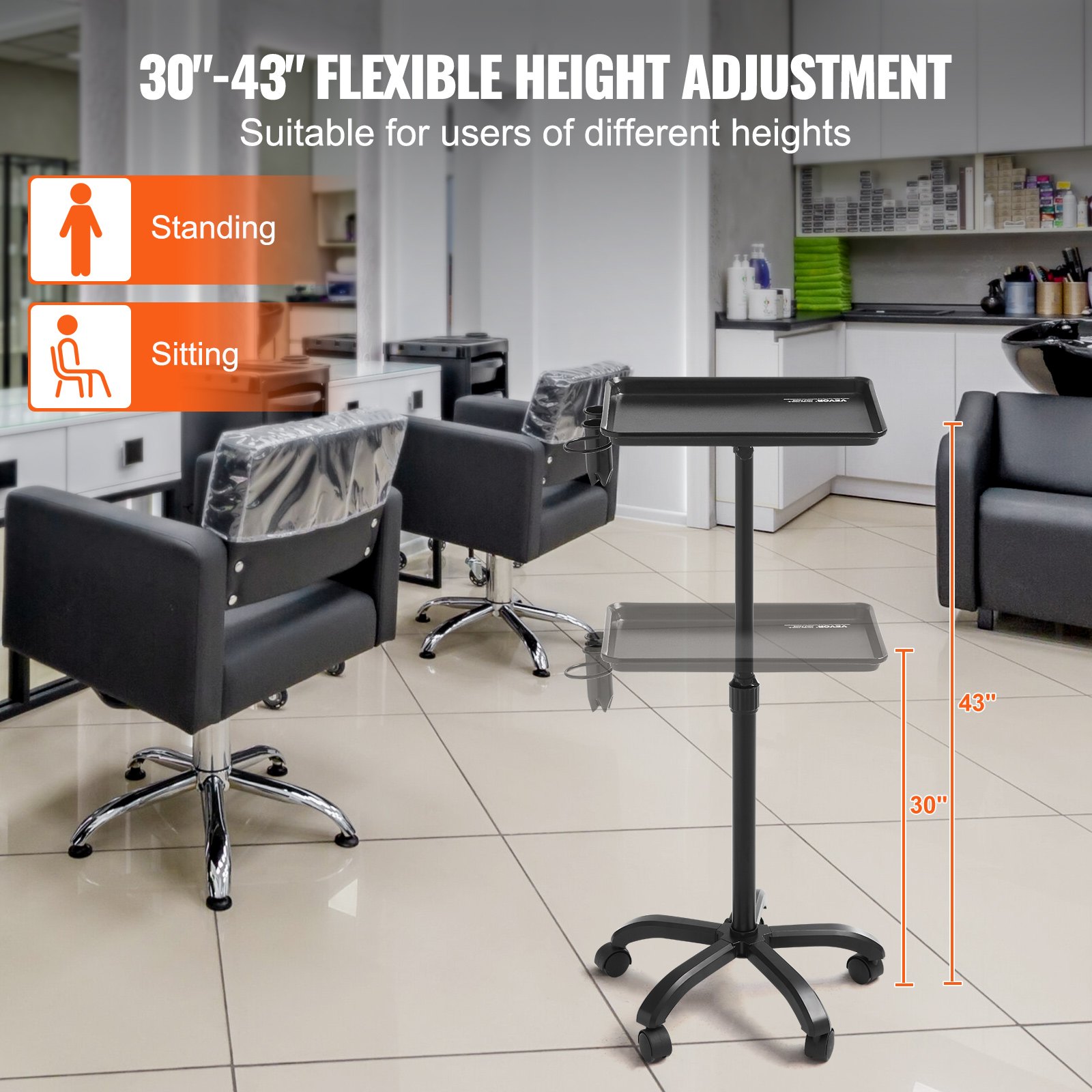 VEVOR Carrello per Vassoi per Saloni, Ruote Regolabile in Altezza 76,2-109,2 cm Vassoio per Tatuaggi Laminato a Freddo con 5 Ruote (2 Bloccabili) per Parrucchieri, Nero