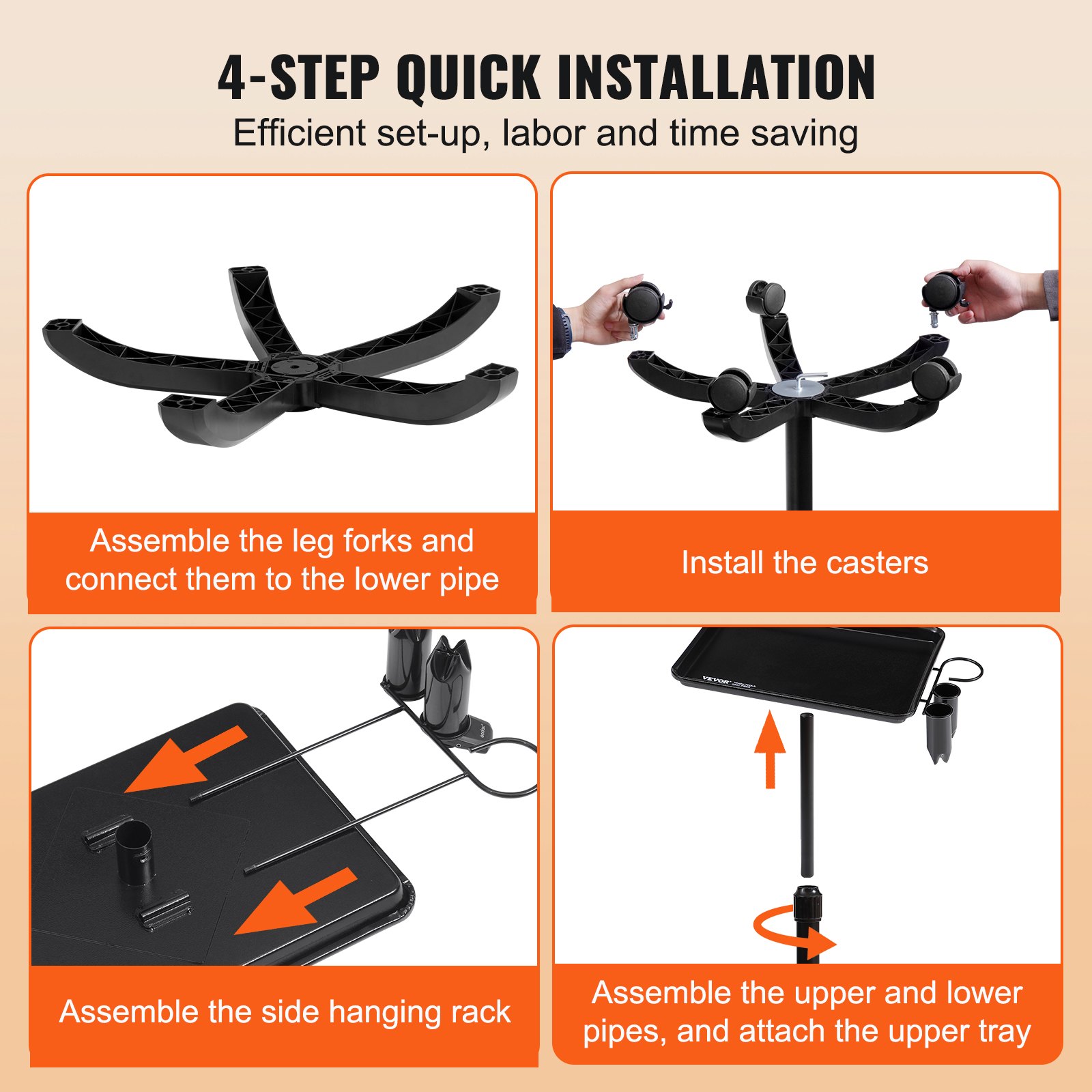 VEVOR Carrello per Vassoi per Saloni, Ruote Regolabile in Altezza 76,2-109,2 cm Vassoio per Tatuaggi Laminato a Freddo con 5 Ruote (2 Bloccabili) per Parrucchieri, Nero