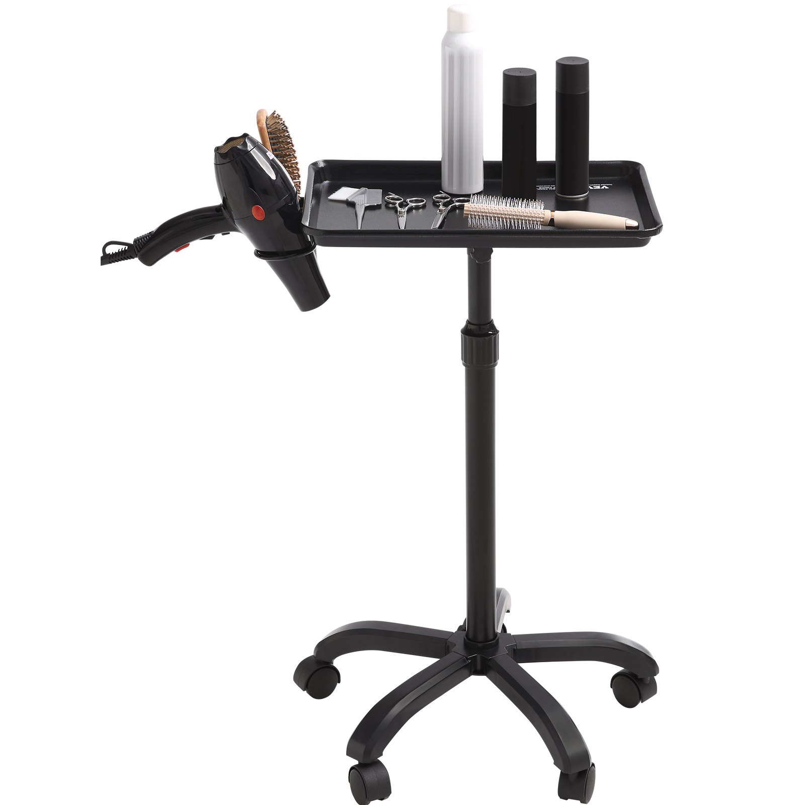 VEVOR Carrello per Vassoi per Saloni, Ruote Regolabile in Altezza 76,2-109,2 cm Vassoio per Tatuaggi Laminato a Freddo con 5 Ruote (2 Bloccabili) per Parrucchieri, Nero