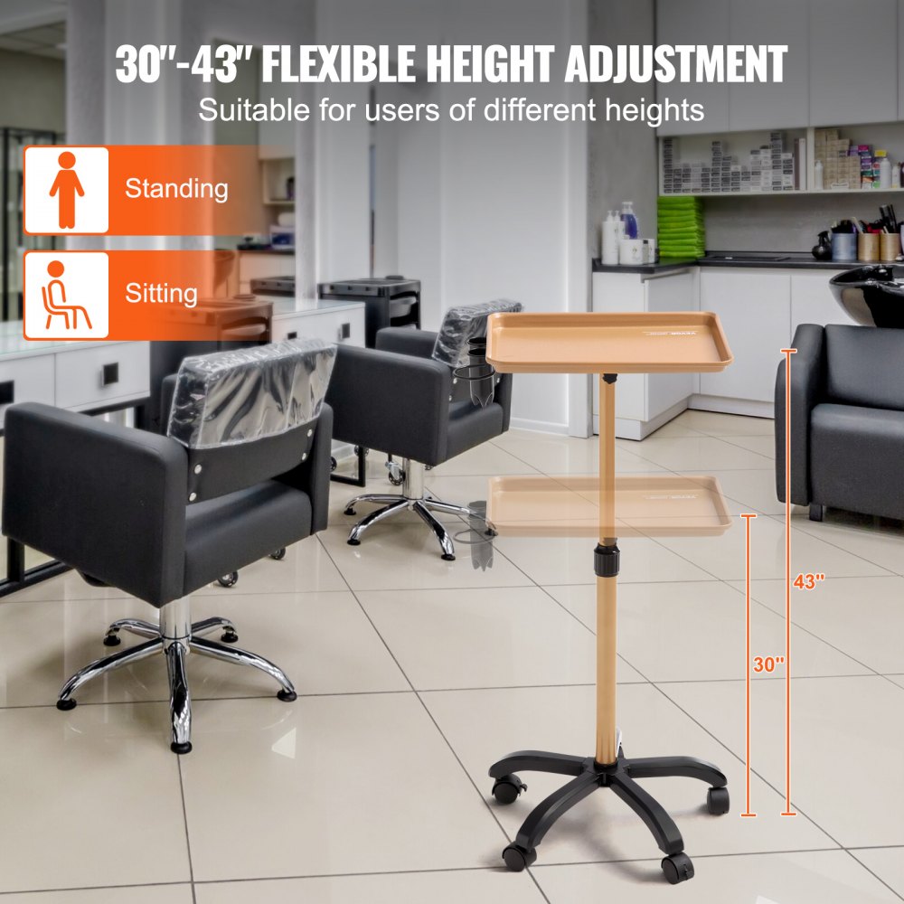 VEVOR Carrello per Salone, Vassoio per Saloni con Ruote Regolabile in Altezza 30"-43" Vassoio per Tatuaggi Laminato a Freddo con 5 Ruote (2 con Serratura) per Clinica Parrucchiera SPA, Oro e Nero