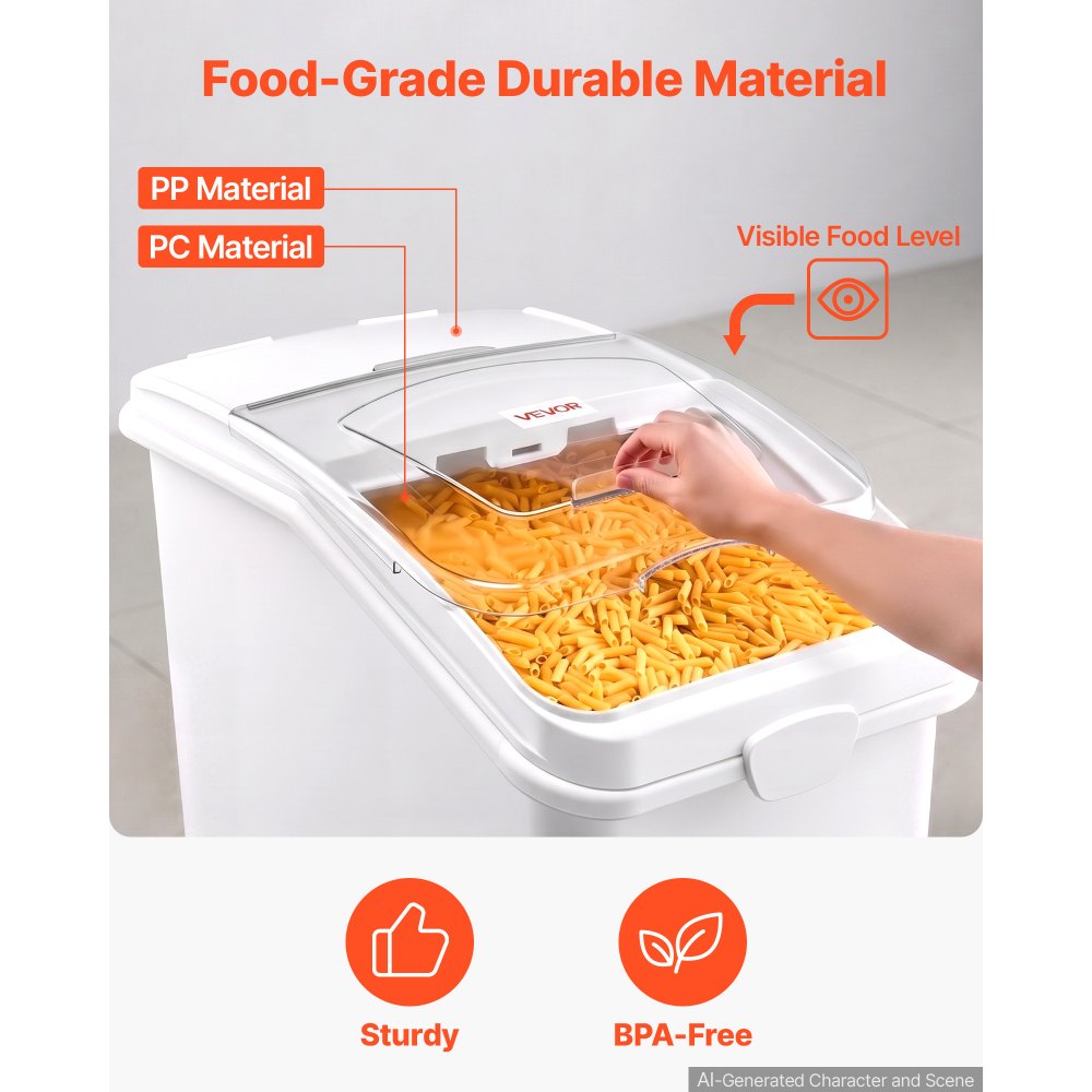 VEVOR Contenitore per Riso Dispenser Cibo Secco per Animali Domestici 120L Organizer per Alimenti da Cucina, Materiale in PP, Stoccaggio di Cereali, Farina, con 4 Ruote, Paletta, Coperchio Trasparente