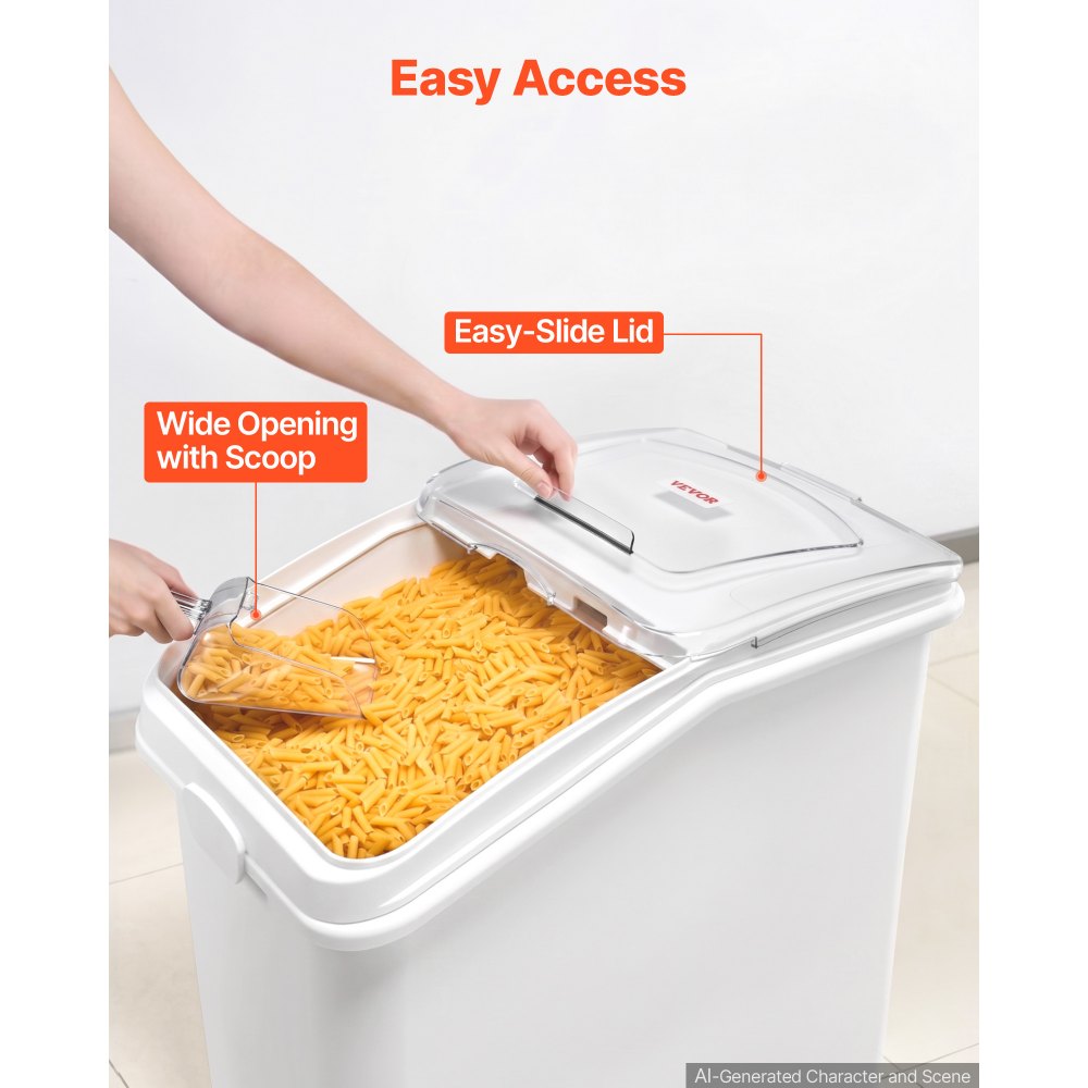 VEVOR Contenitore per Riso Dispenser Cibo Secco per Animali Domestici 120L Organizer per Alimenti da Cucina, Materiale in PP, Stoccaggio di Cereali, Farina, con 4 Ruote, Paletta, Coperchio Trasparente