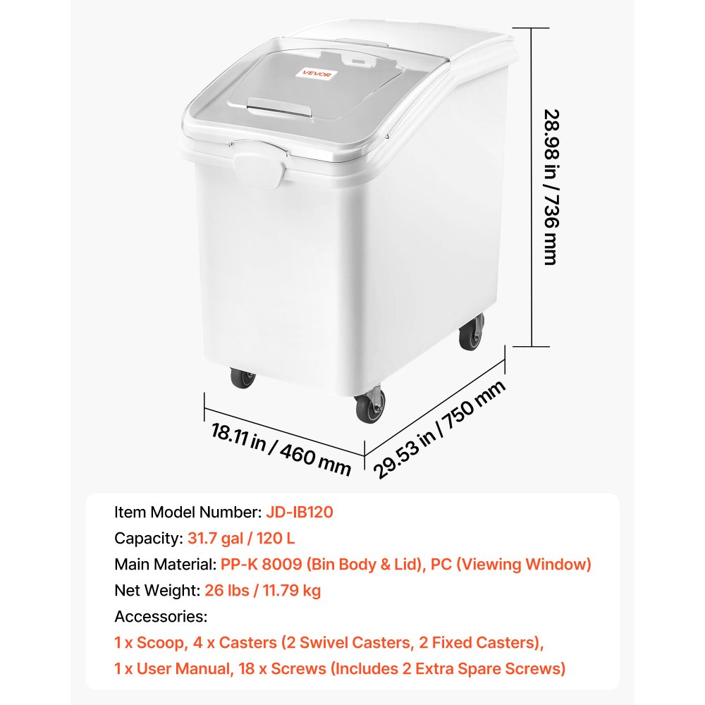 VEVOR Contenitore per Riso Dispenser Cibo Secco per Animali Domestici 120L Organizer per Alimenti da Cucina, Materiale in PP, Stoccaggio di Cereali, Farina, con 4 Ruote, Paletta, Coperchio Trasparente