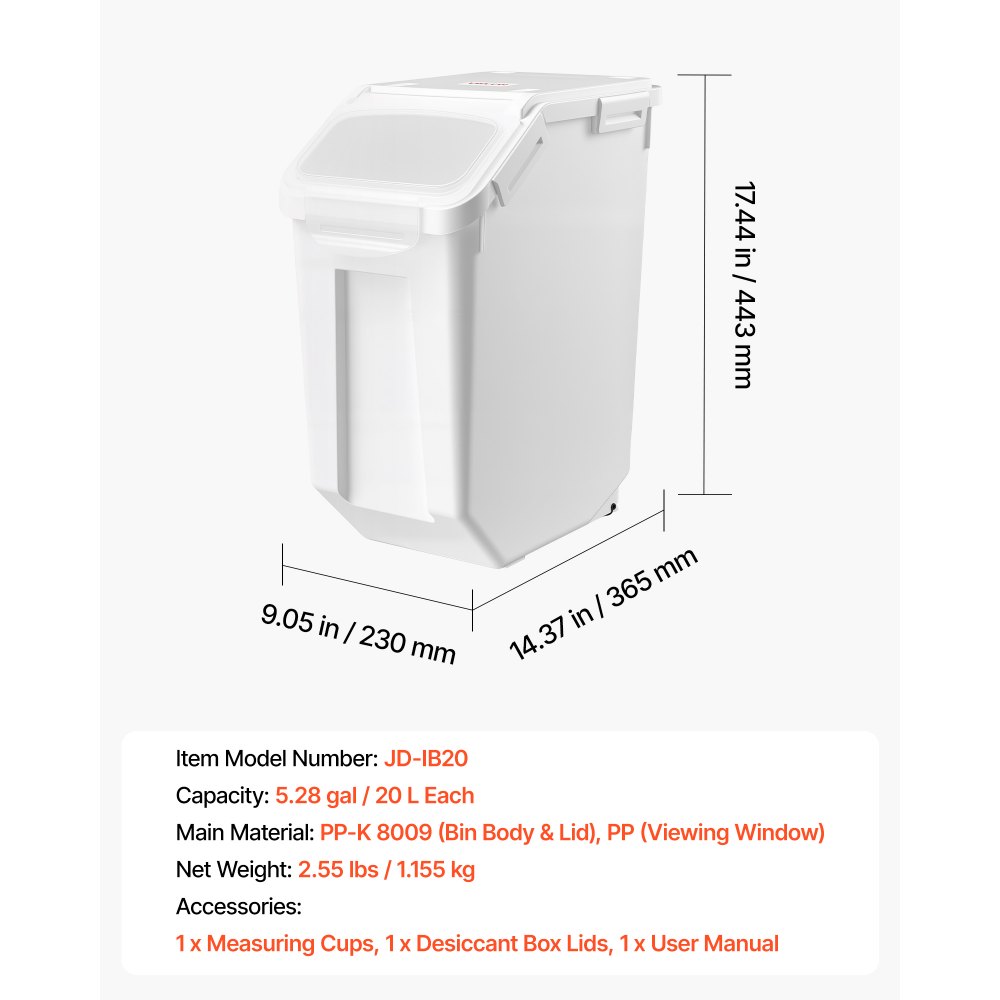 VEVOR Rice Storage Container 20 L/5.28 Gal 14 kg Dog Food Dispenser Bin, for Kitchen Pantry, Stackable Large Ingredient Grain Cereal Flour Bin, Pet Food Container with Measuring Cup, Airtight Lid